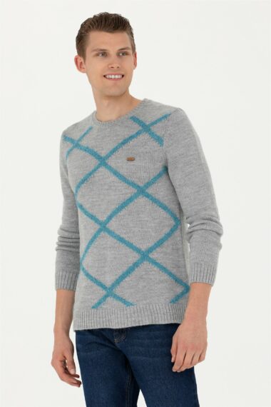 تریکو یقه گرد خاکستری ملانژ  رگولار آستین بلند مردانه یو اس پولو | US POLO ASSN
