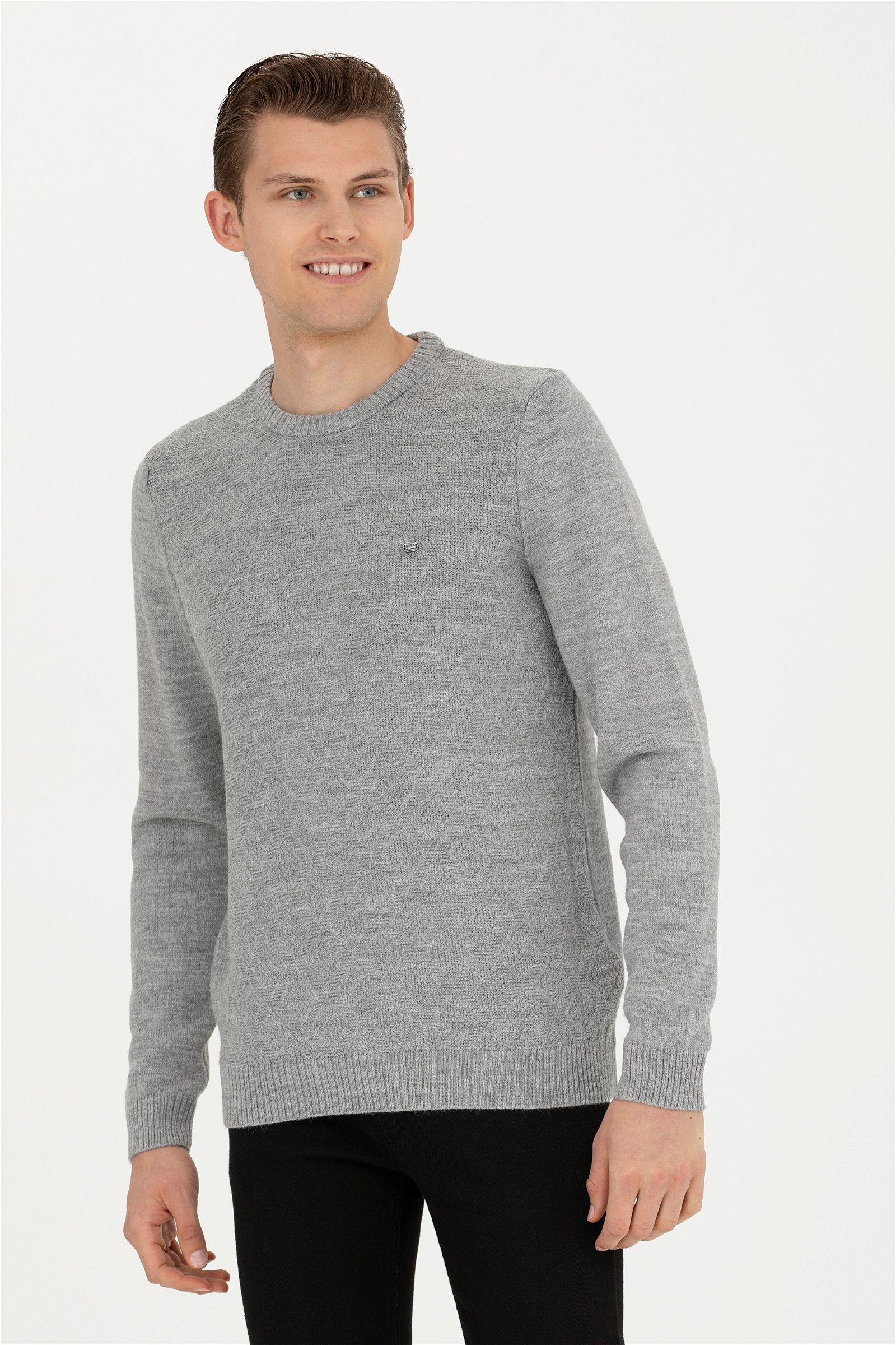 تریکو یقه گرد خاکستری ملانژ  رگولار آستین بلند مردانه یو اس پولو | US POLO ASSN