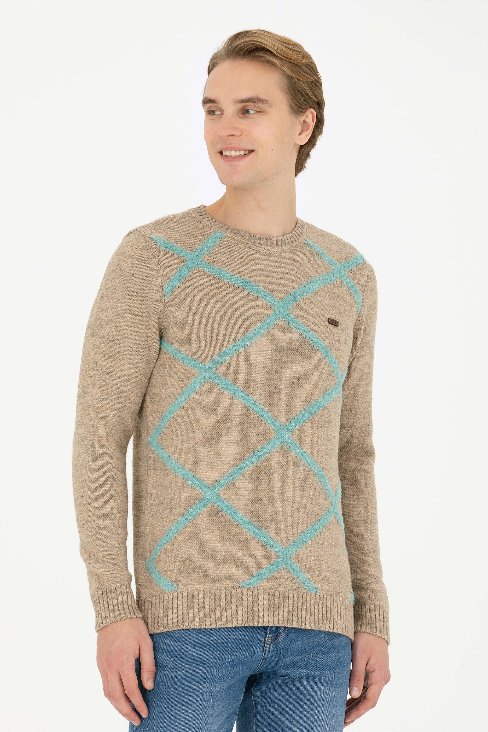 تریکو یقه گرد کرمی ملانژ  رگولار آستین بلند مردانه یو اس پولو | US POLO ASSN