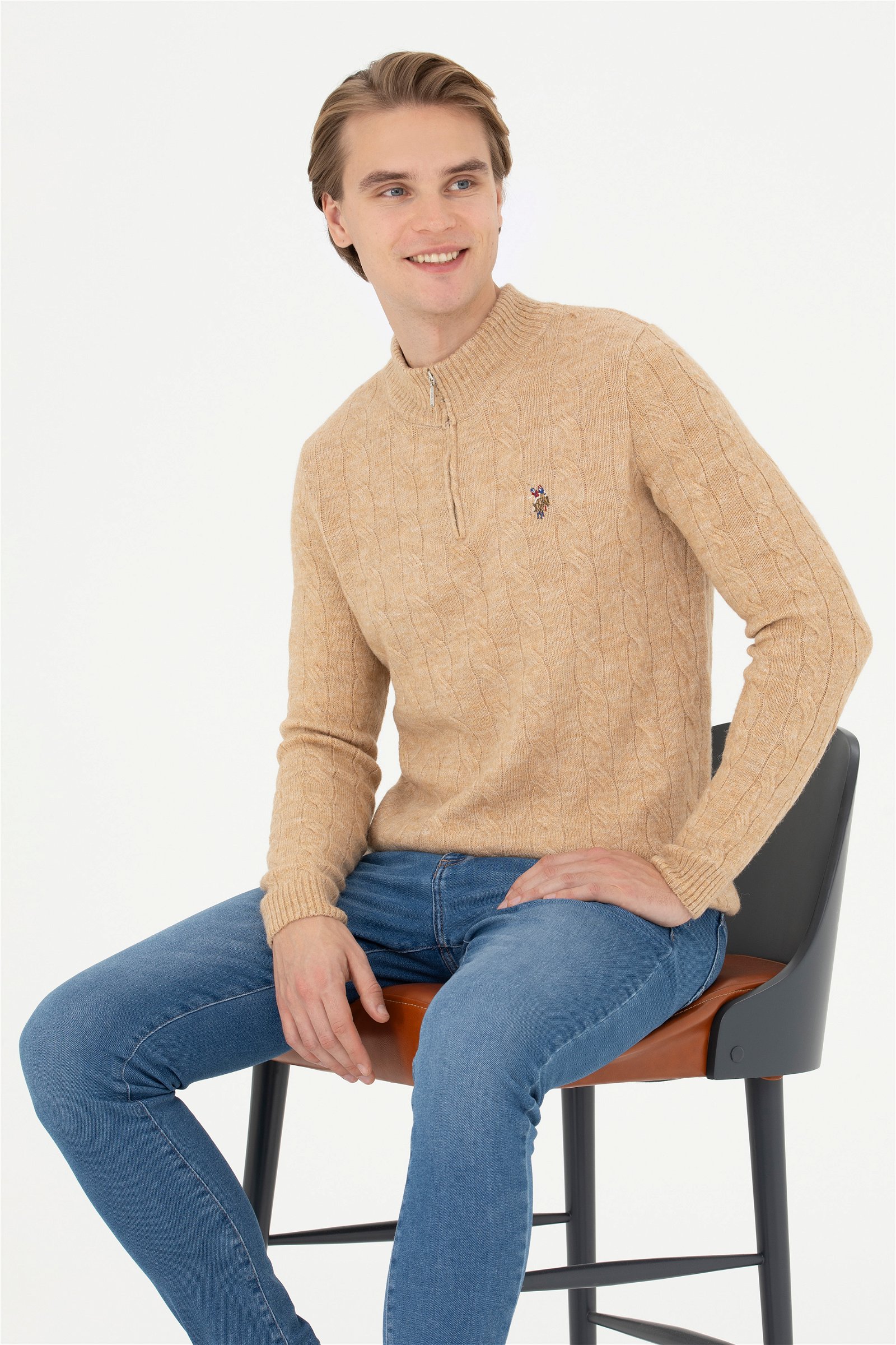 تریکو یقه ایستاده کرمی ملانژ  رگولار آستین بلند مردانه یو اس پولو | US POLO ASSN