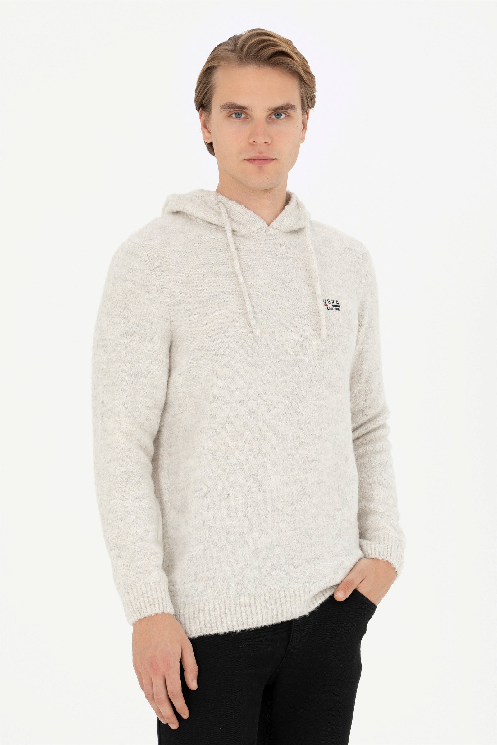 تریکو یقه گرد خاکستری ملانژ  رگولار آستین بلند مردانه یو اس پولو | US POLO ASSN