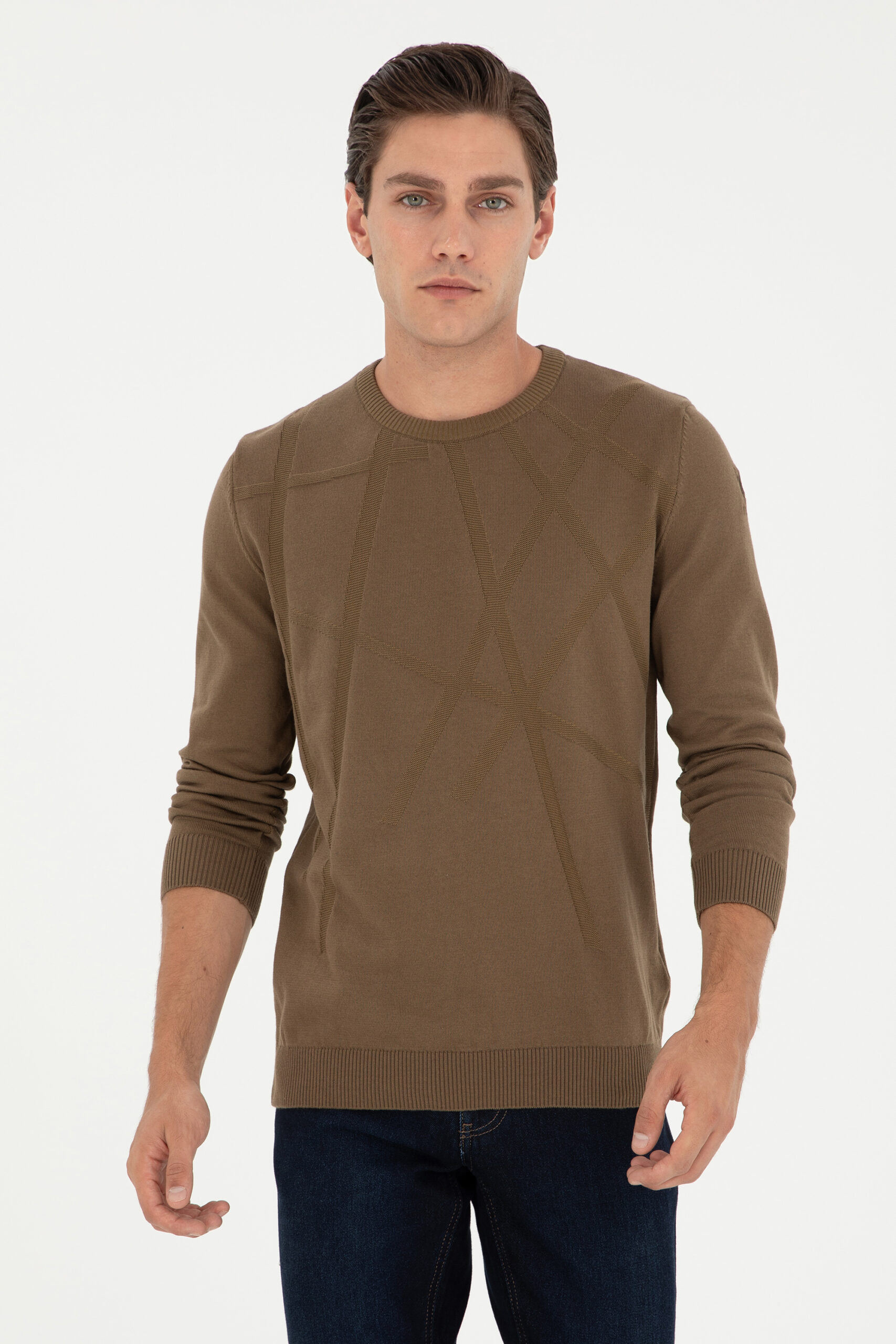 بافت یقه گرد خاکی  اندامی آستین بلند مردانه یو اس پولو | US POLO ASSN