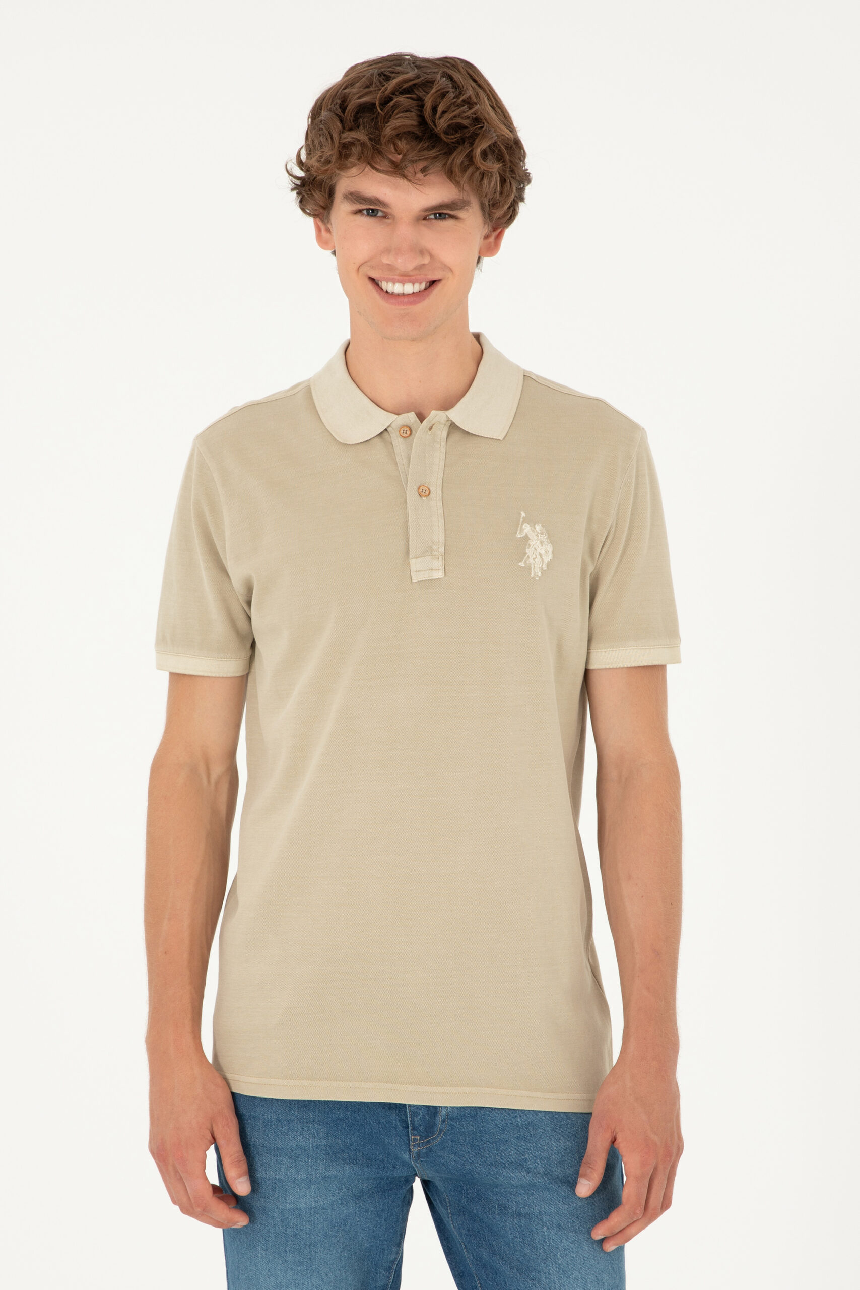 تی شرت یقه پولو خاکی روشن  اندامی  مردانه یو اس پولو | US POLO ASSN