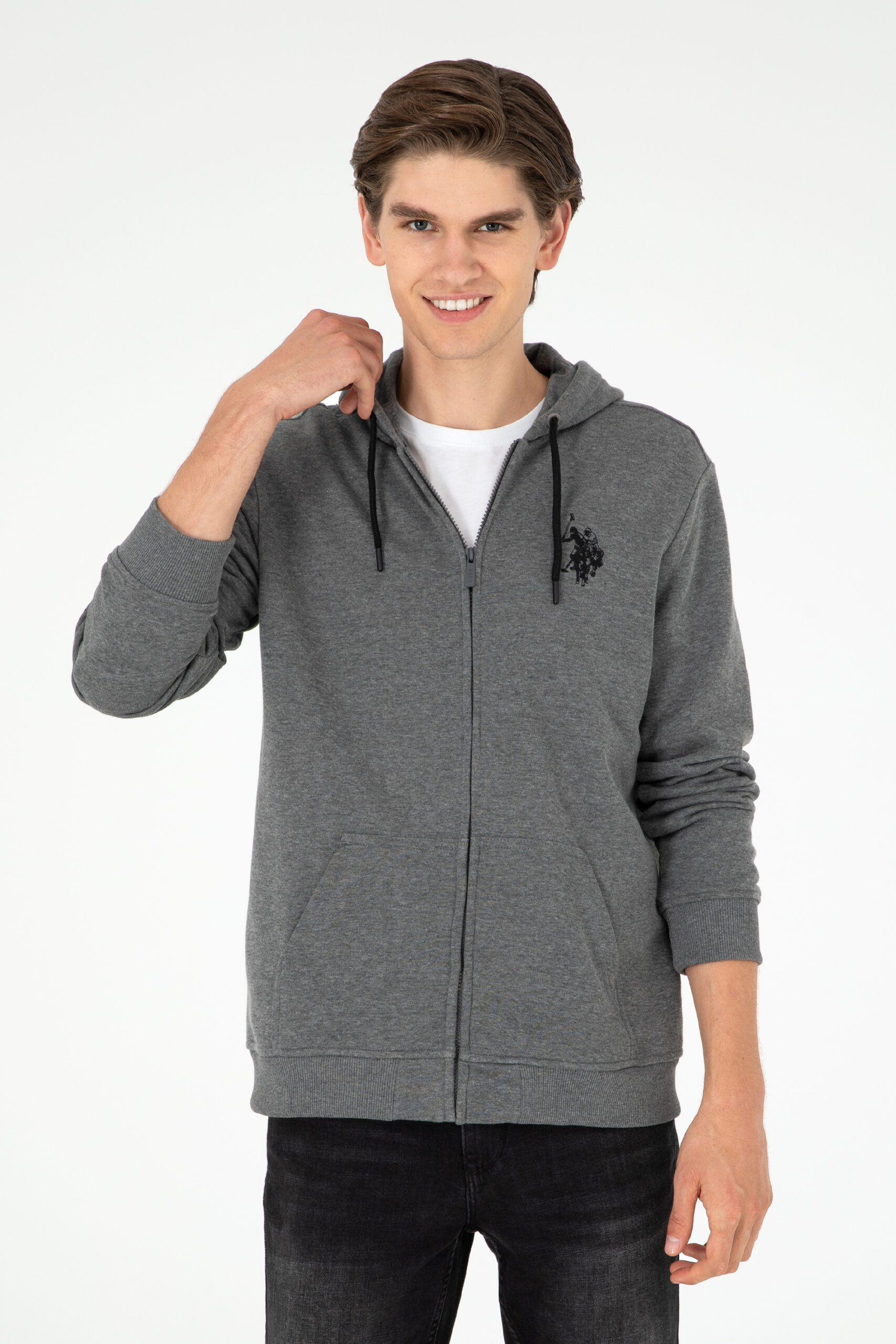 سویشرت هودی زغالی ملانژ  رگولار آستین بلند مردانه یو اس پولو | US POLO ASSN