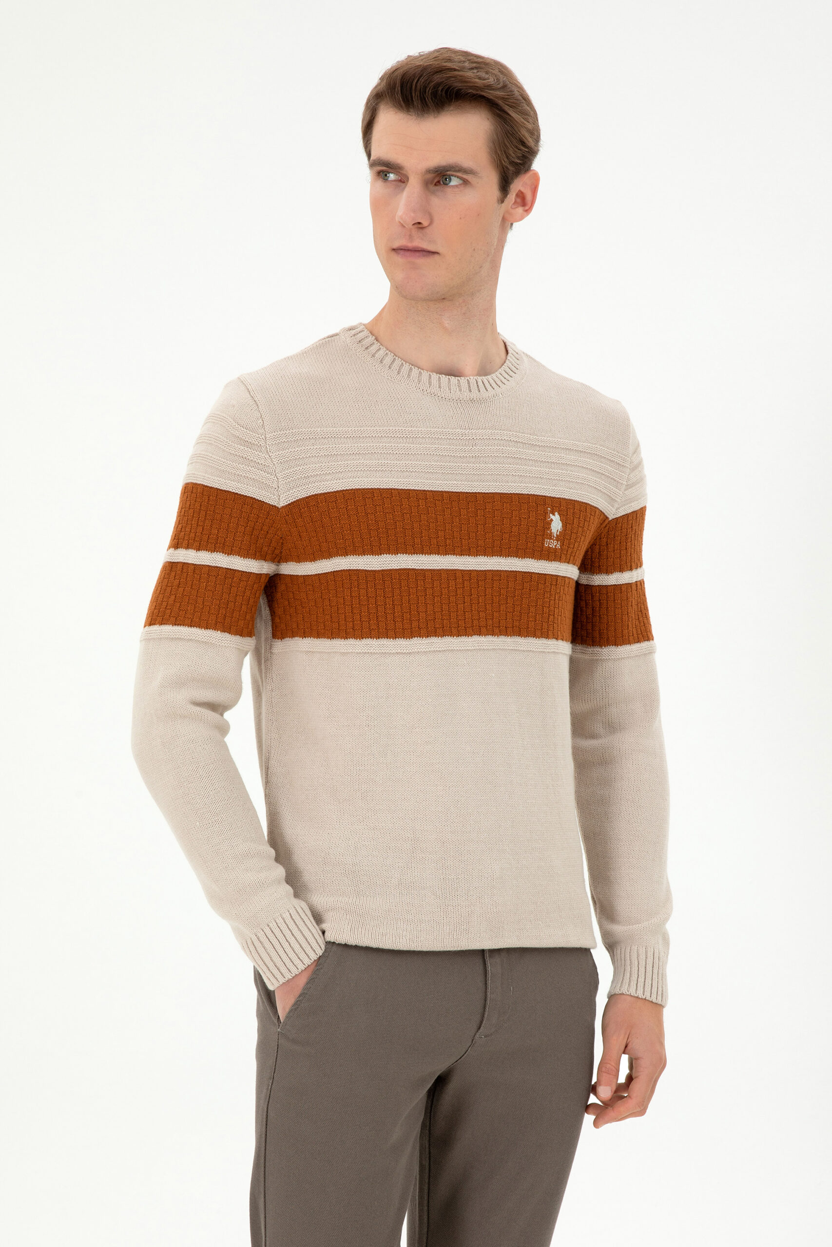 بافت یقه گرد خاکستری ملانژ  اندامی آستین بلند مردانه یو اس پولو | US POLO ASSN
