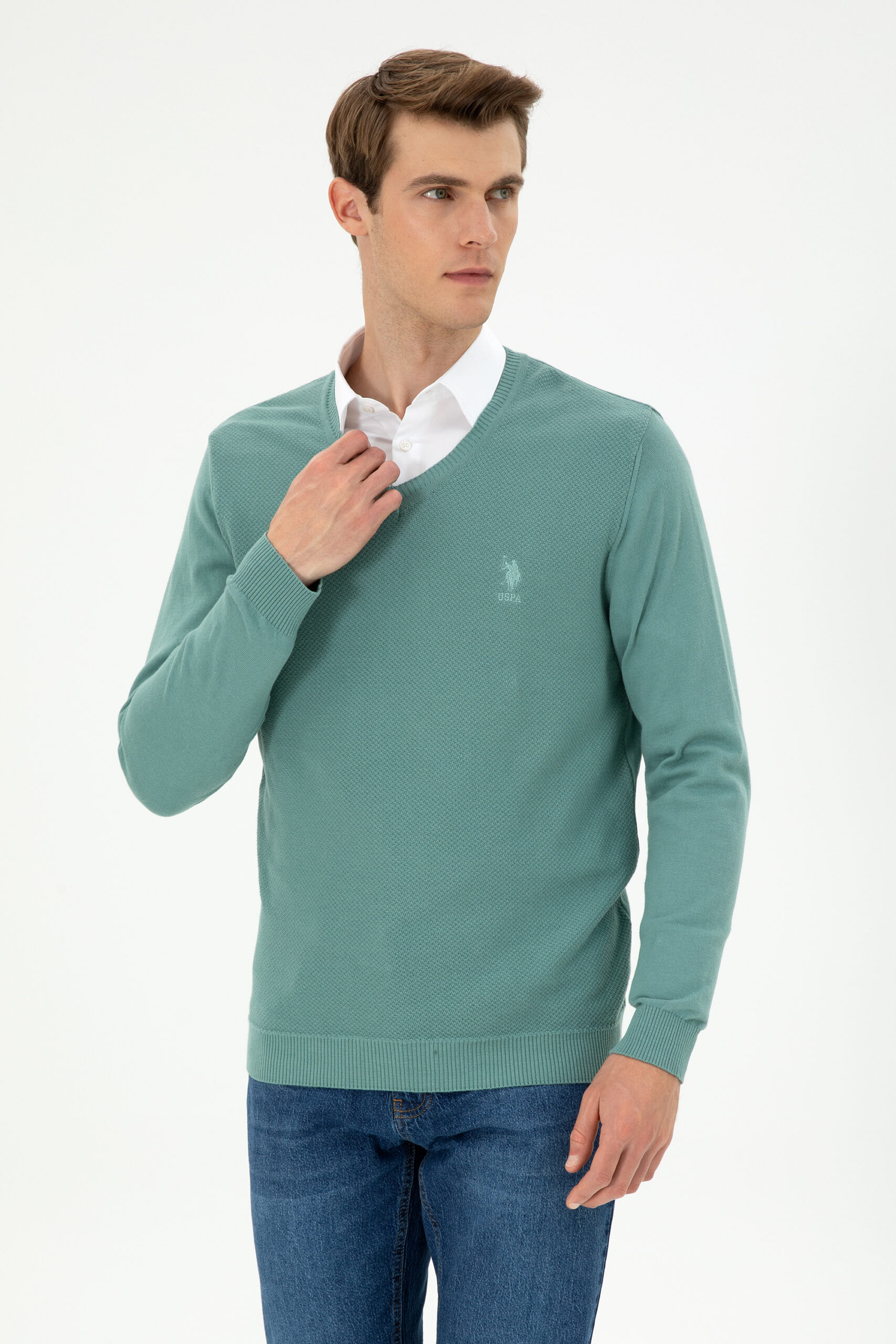 بافت یقه هفت نعناعی  اندامی آستین بلند مردانه یو اس پولو | US POLO ASSN