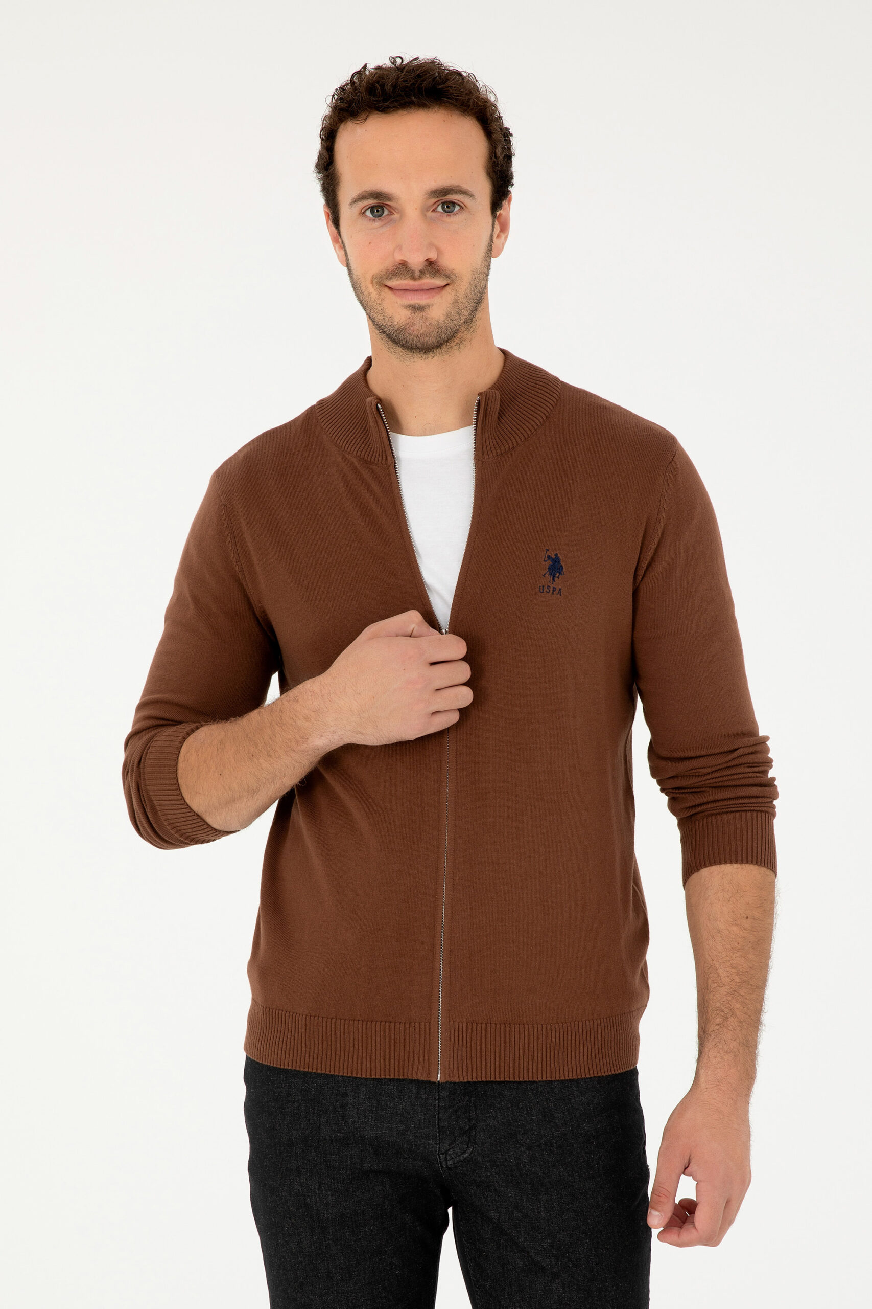 ژاکت یقه اسکی قهوه ای  اندامی آستین بلند مردانه یو اس پولو | US POLO ASSN