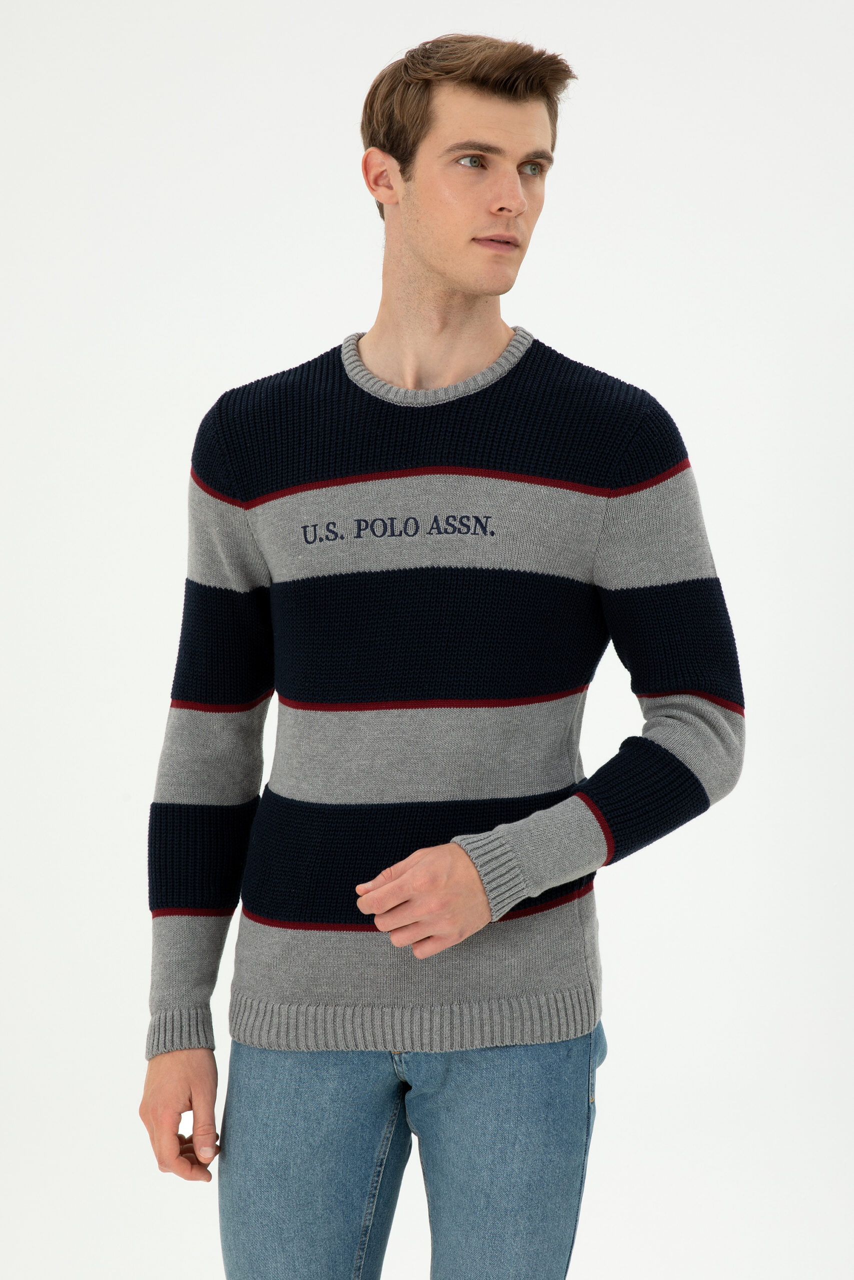 بافت یقه گرد خاکستری ملانژ  اندامی آستین بلند مردانه یو اس پولو | US POLO ASSN
