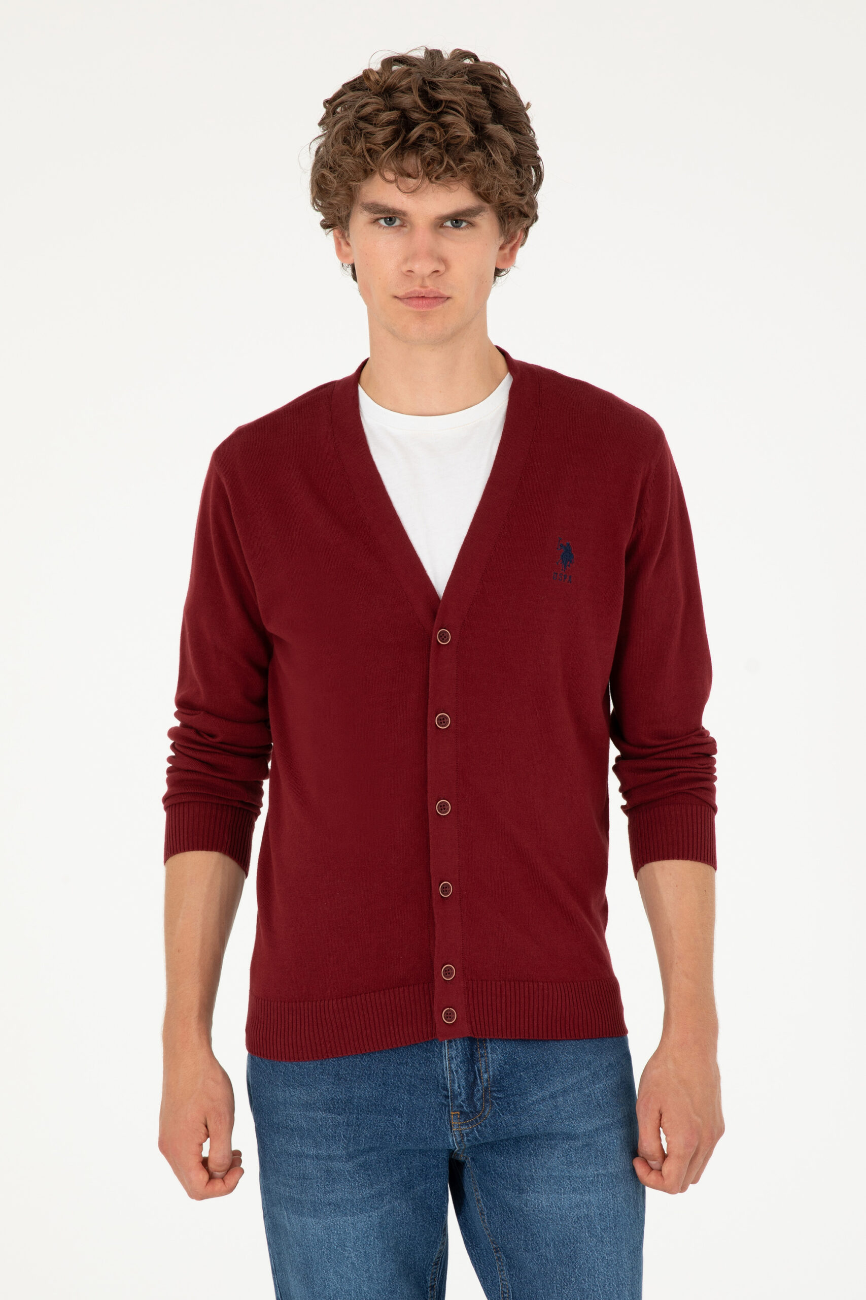 ژاکت یقه هفت بورگاندی  رگولار آستین بلند مردانه یو اس پولو | US POLO ASSN