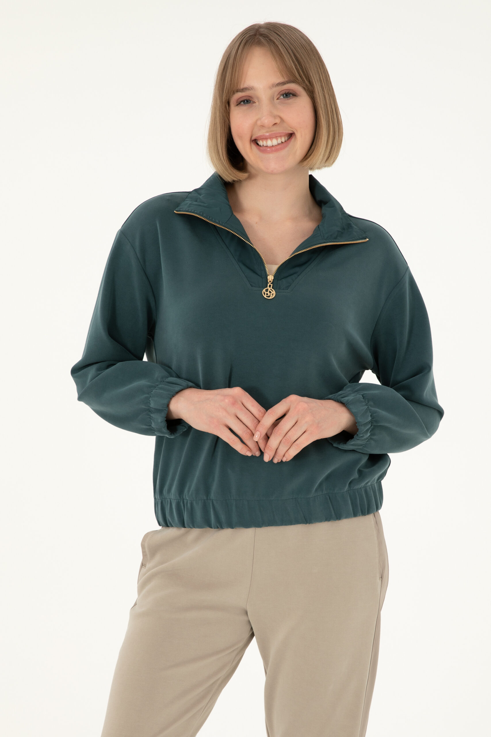سویشرت یقه ایستاده سبز تیره  ریلکس آستین بلند زنانه یو اس پولو | US POLO ASSN