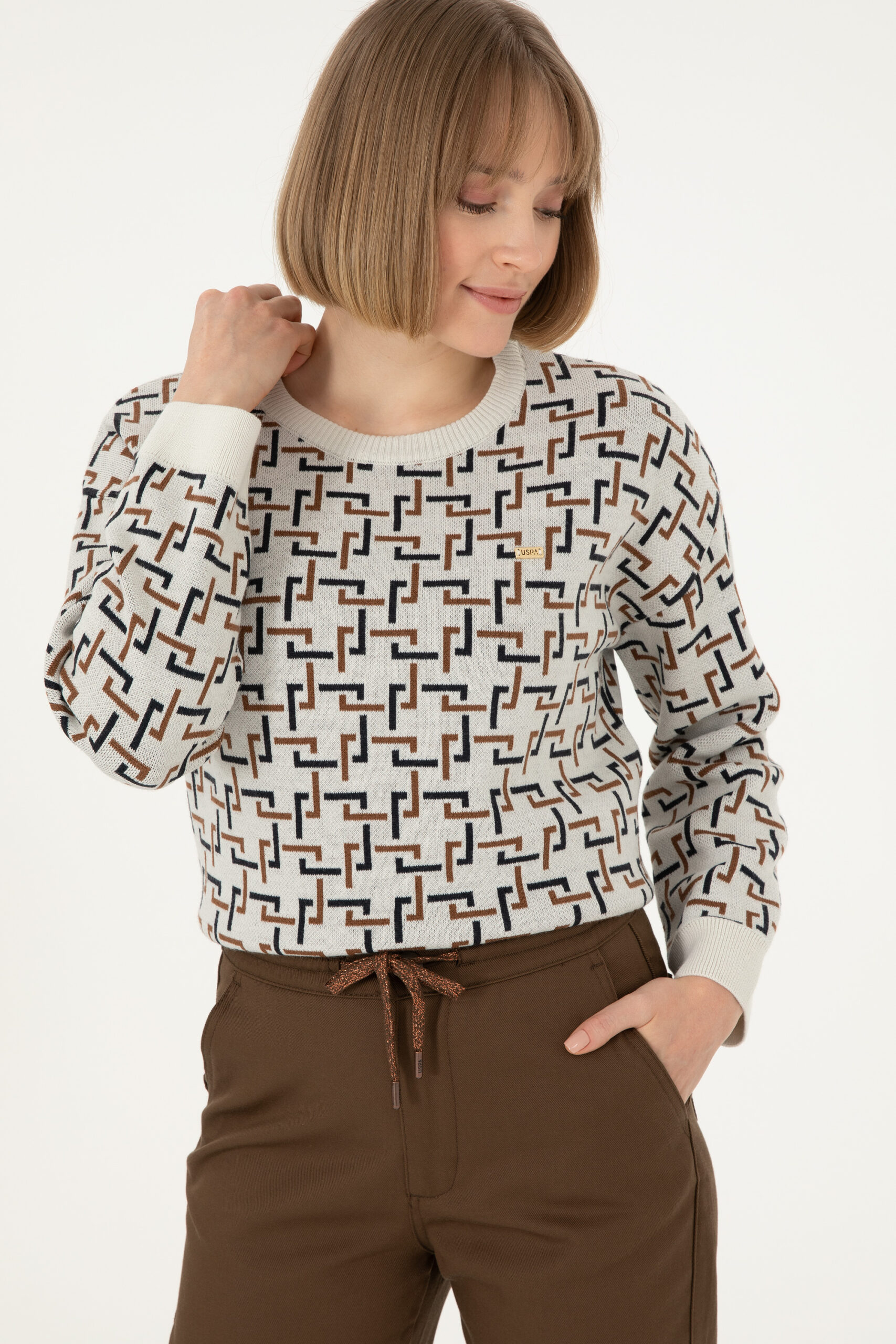 بافت یقه گرد سفید  ریلکس آستین بلند زنانه یو اس پولو | US POLO ASSN