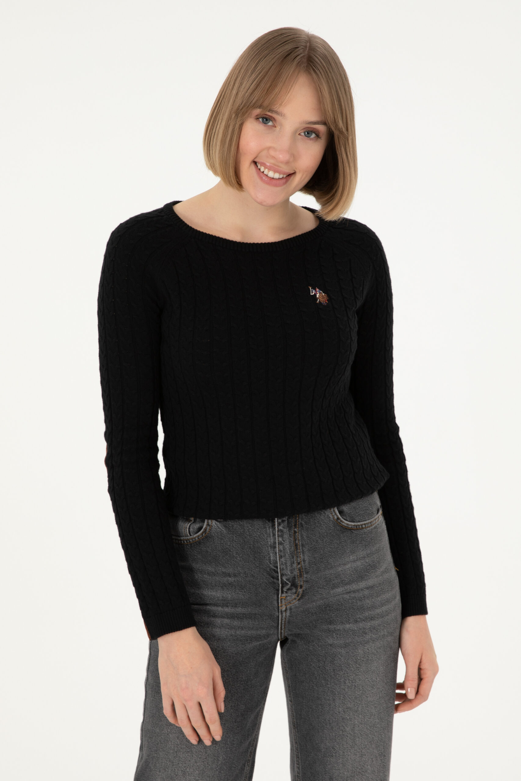 بافت یقه گرد سیاه  اندامی آستین بلند زنانه یو اس پولو | US POLO ASSN