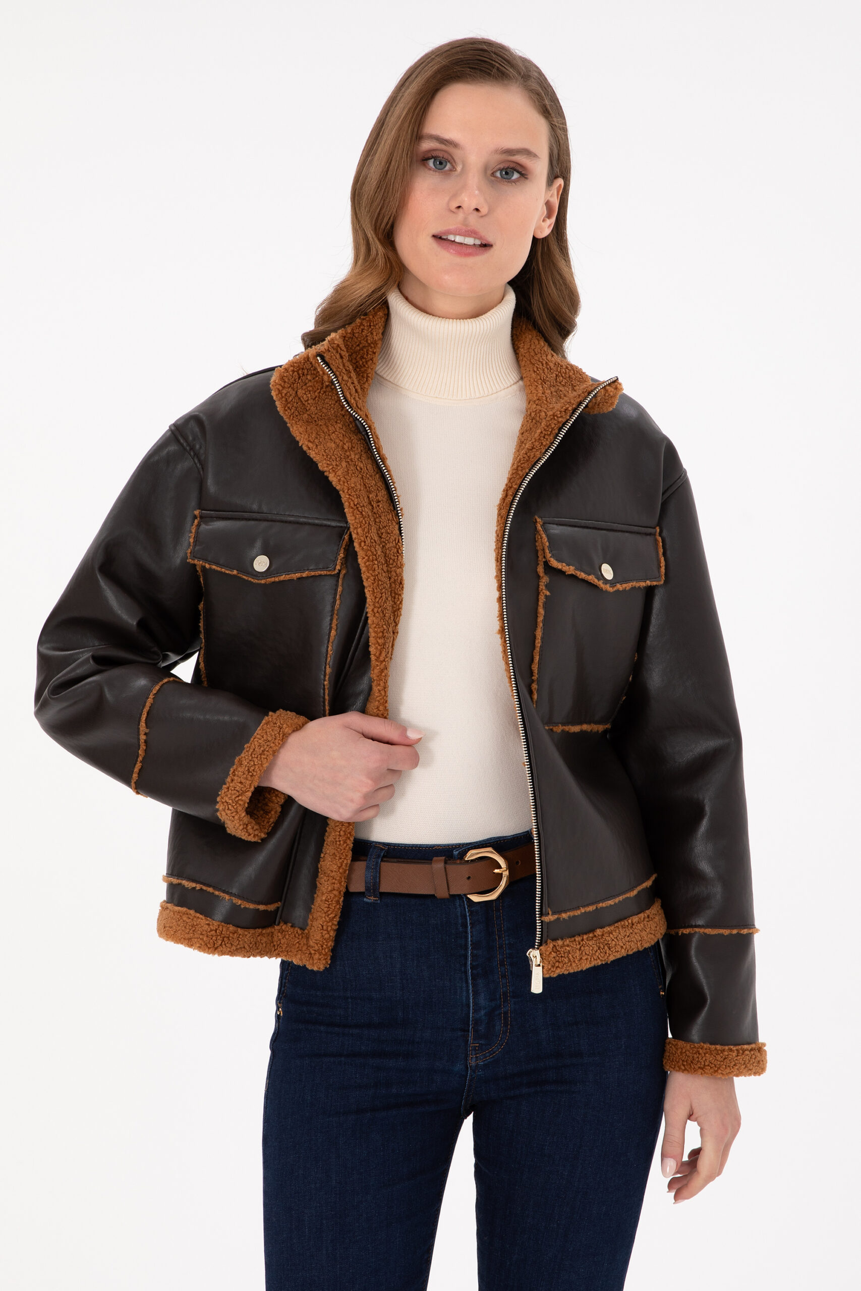 کاپشن چرم  قهوه ای  استاندارد فیت  زنانه یو اس پولو | US POLO ASSN