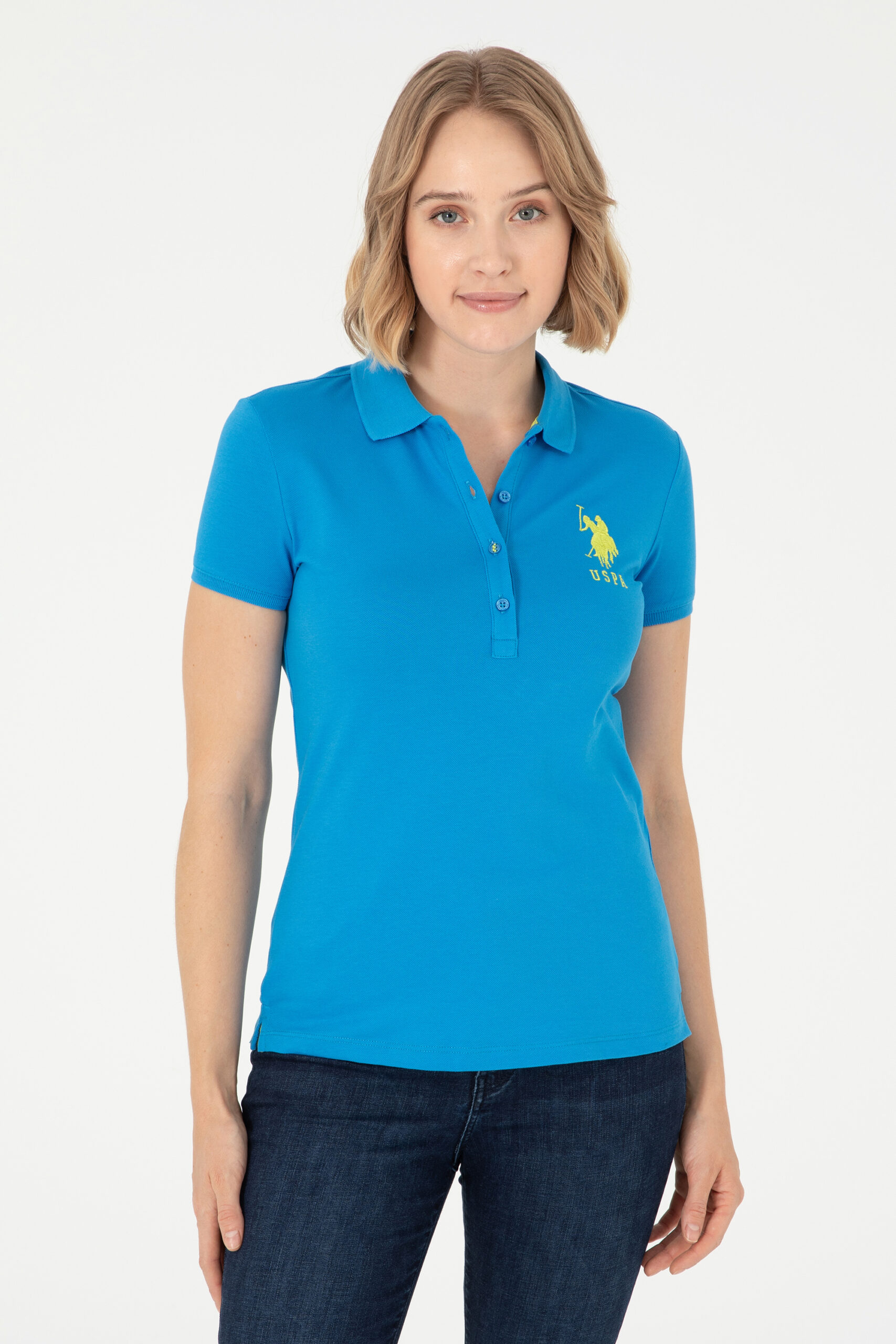 تی شرت یقه پولو آبی  اندامی  زنانه یو اس پولو | US POLO ASSN
