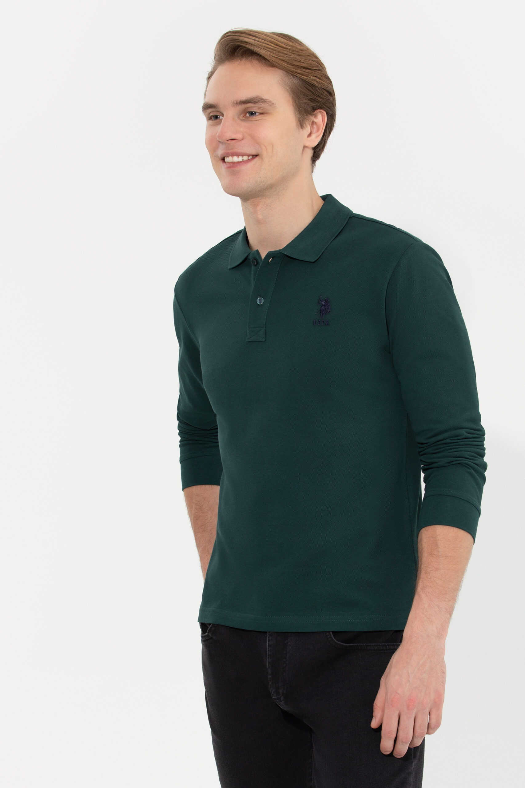 سویشرت یقه پولو سبز تیره  رگولار آستین بلند مردانه یو اس پولو | US POLO ASSN
