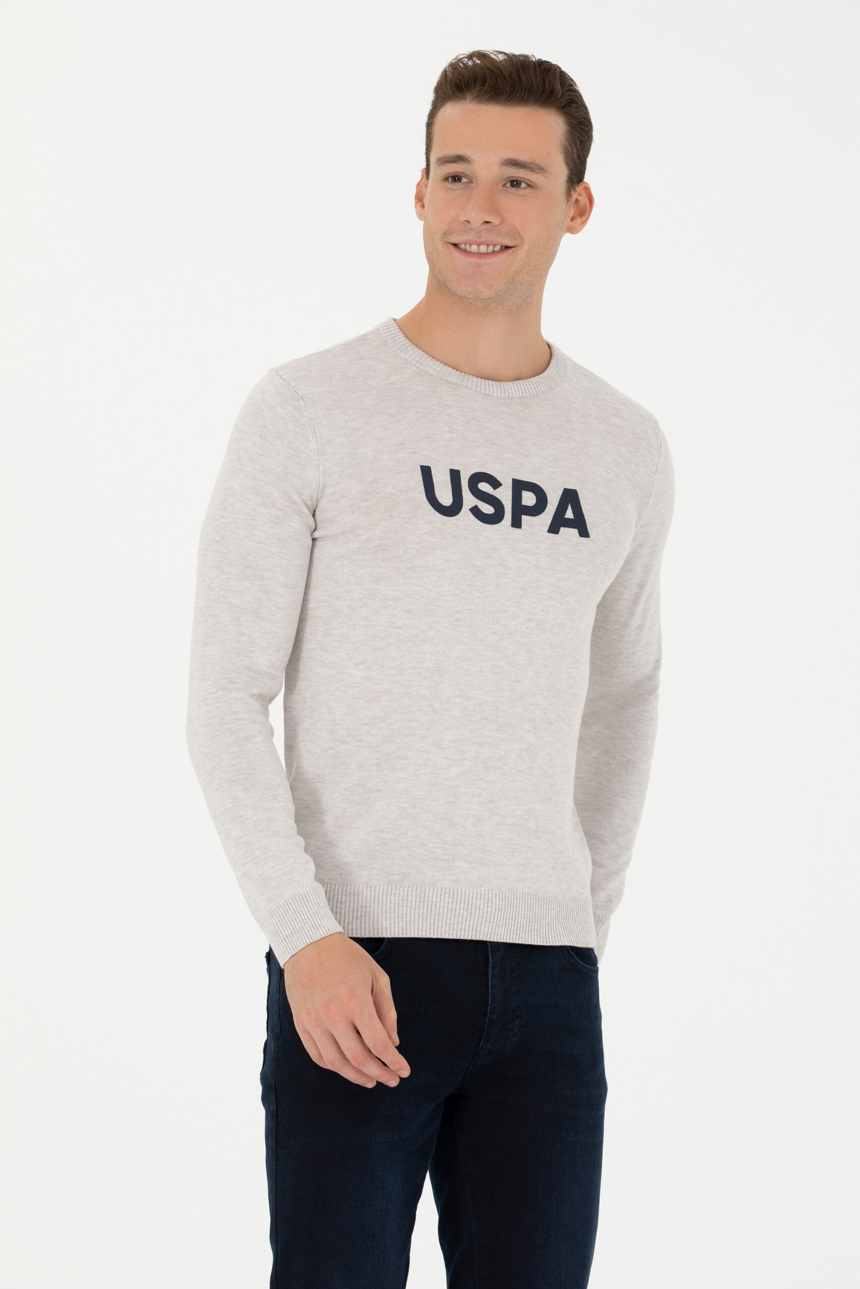بافت یقه گرد خاکستری ملانژ  اندامی آستین بلند مردانه یو اس پولو | US POLO ASSN