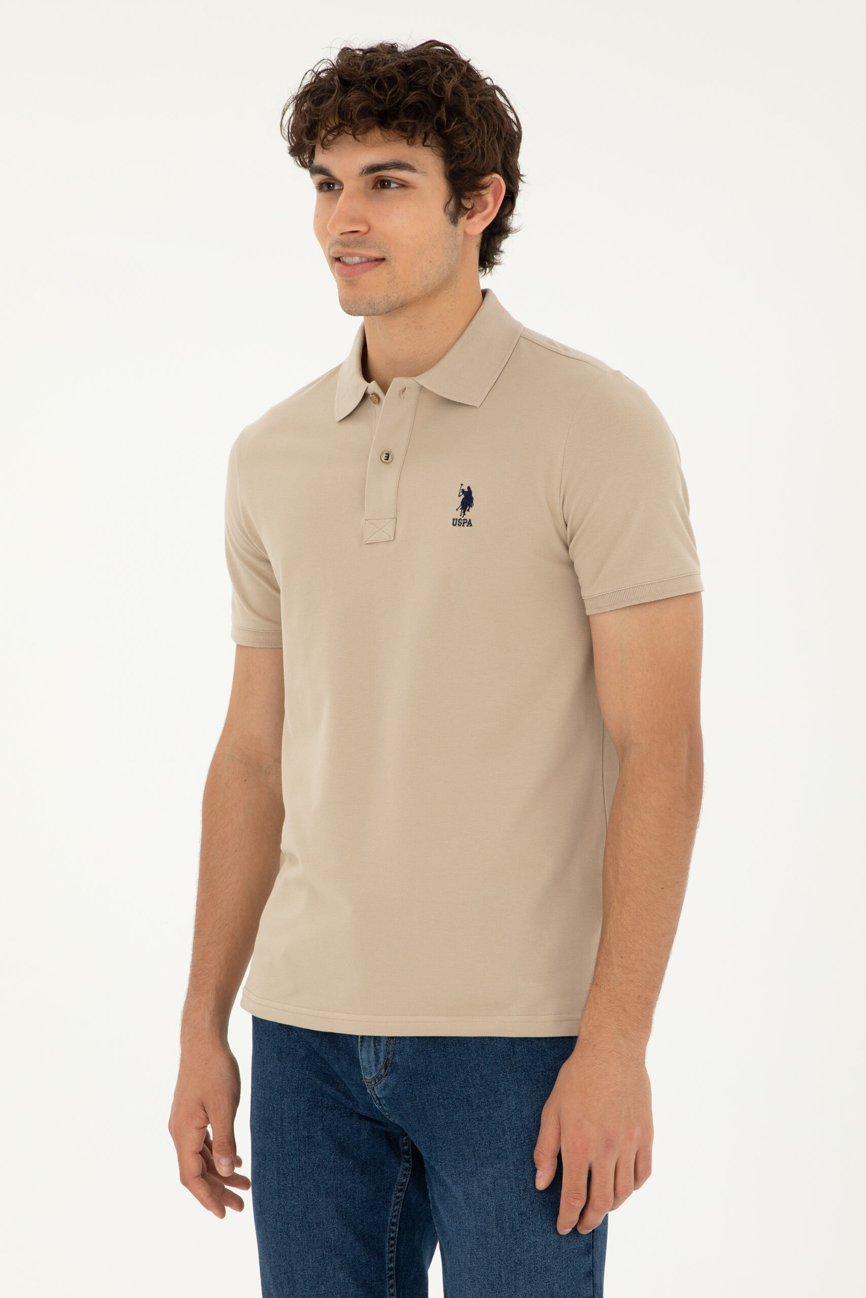 تی شرت یقه پولو خاکی روشن  اندامی  مردانه یو اس پولو | US POLO ASSN