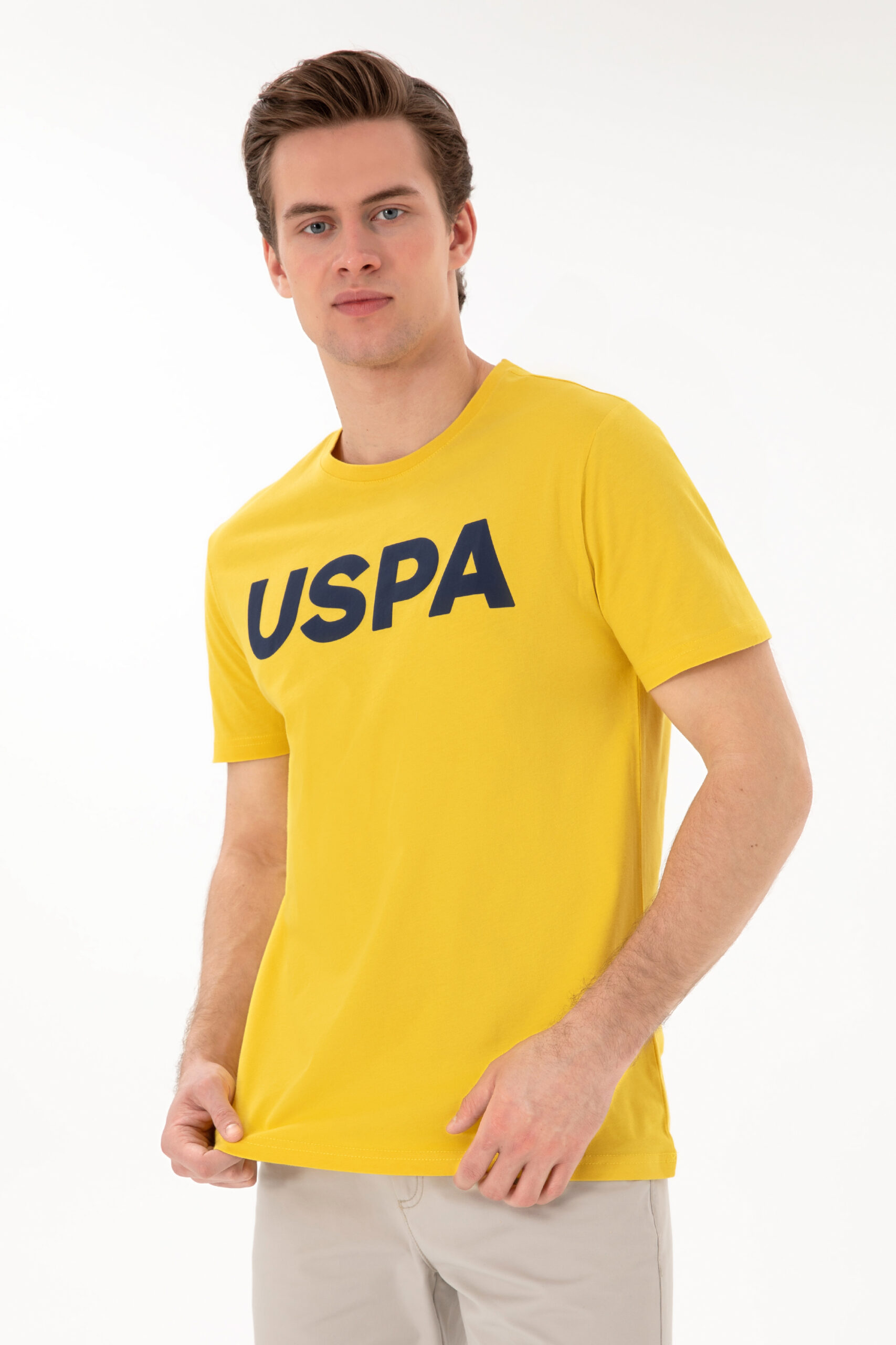 تی شرت یقه گرد زرد تیره  رگولار آستین کوتاه مردانه یو اس پولو | US POLO ASSN