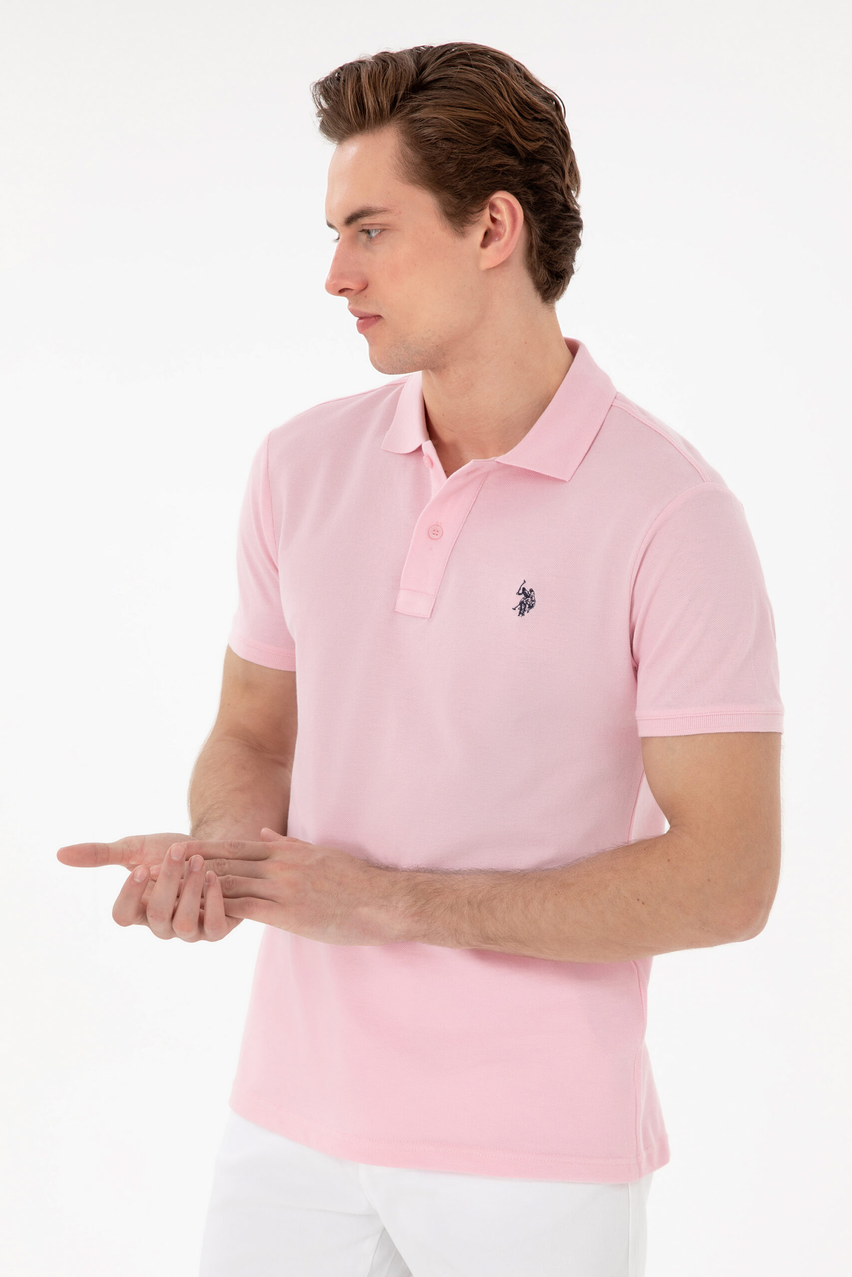 تی شرت یقه پیراهنی صورتی روشن  اندامی آستین کوتاه مردانه یو اس پولو | US POLO ASSN