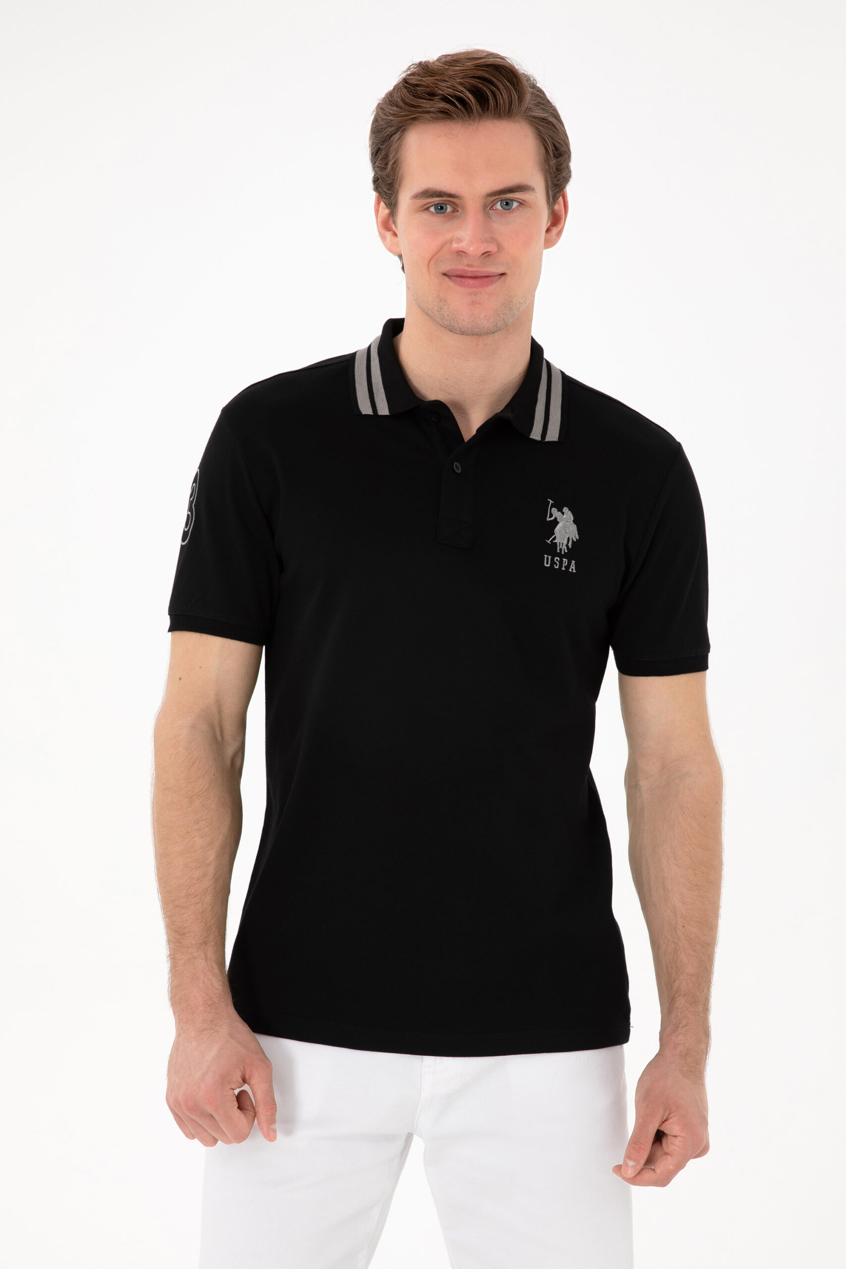 تی شرت یقه پیراهنی سیاه  اندامی آستین کوتاه مردانه یو اس پولو | US POLO ASSN