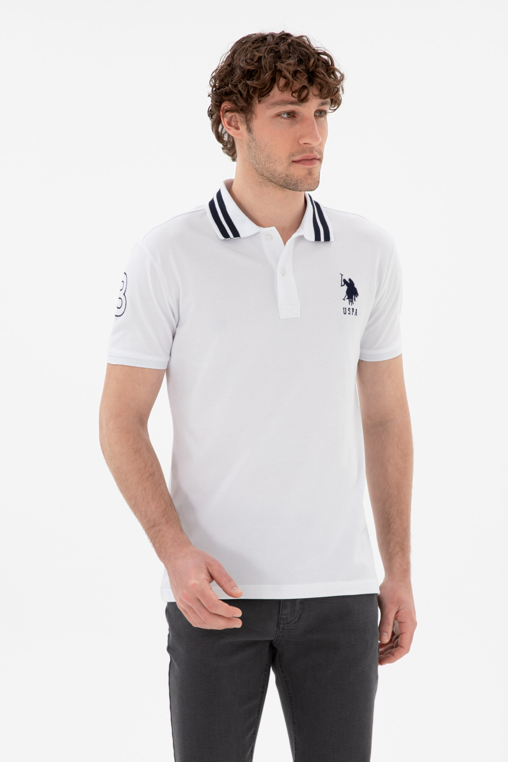 تی شرت یقه پیراهنی سفید  اندامی آستین کوتاه مردانه یو اس پولو | US POLO ASSN