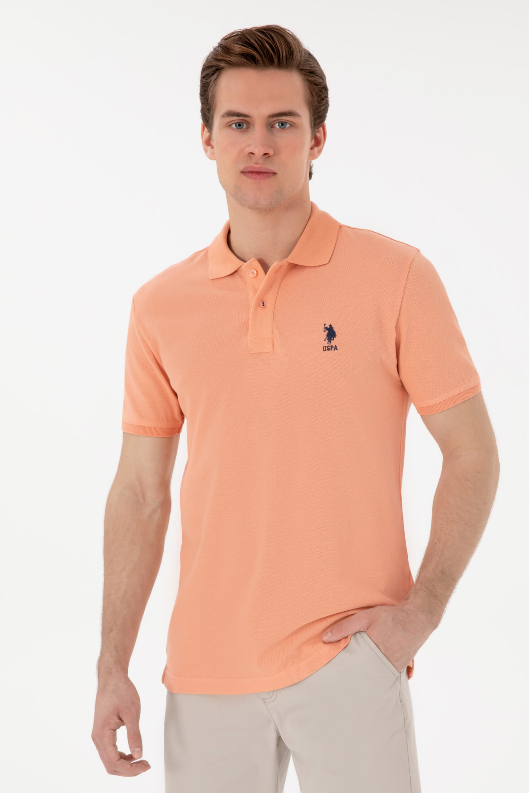 تی شرت یقه پیراهنی گل بهی  اندامی آستین کوتاه مردانه یو اس پولو | US POLO ASSN
