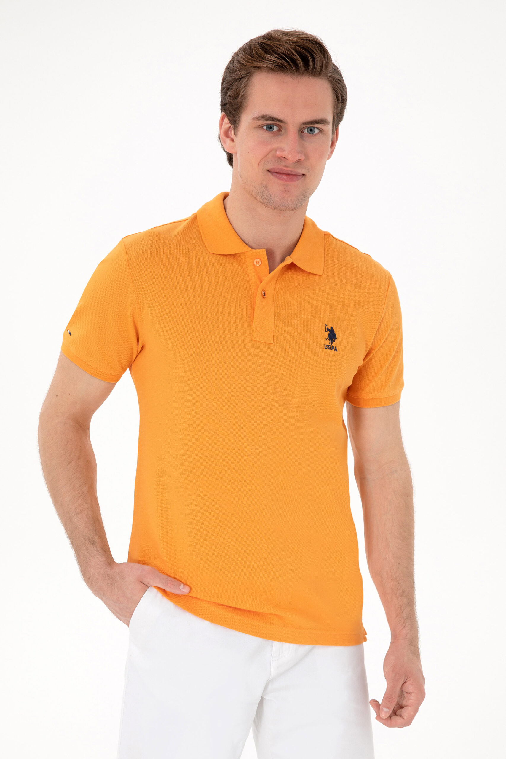 تی شرت یقه پیراهنی نارنجی  اندامی آستین کوتاه مردانه یو اس پولو | US POLO ASSN