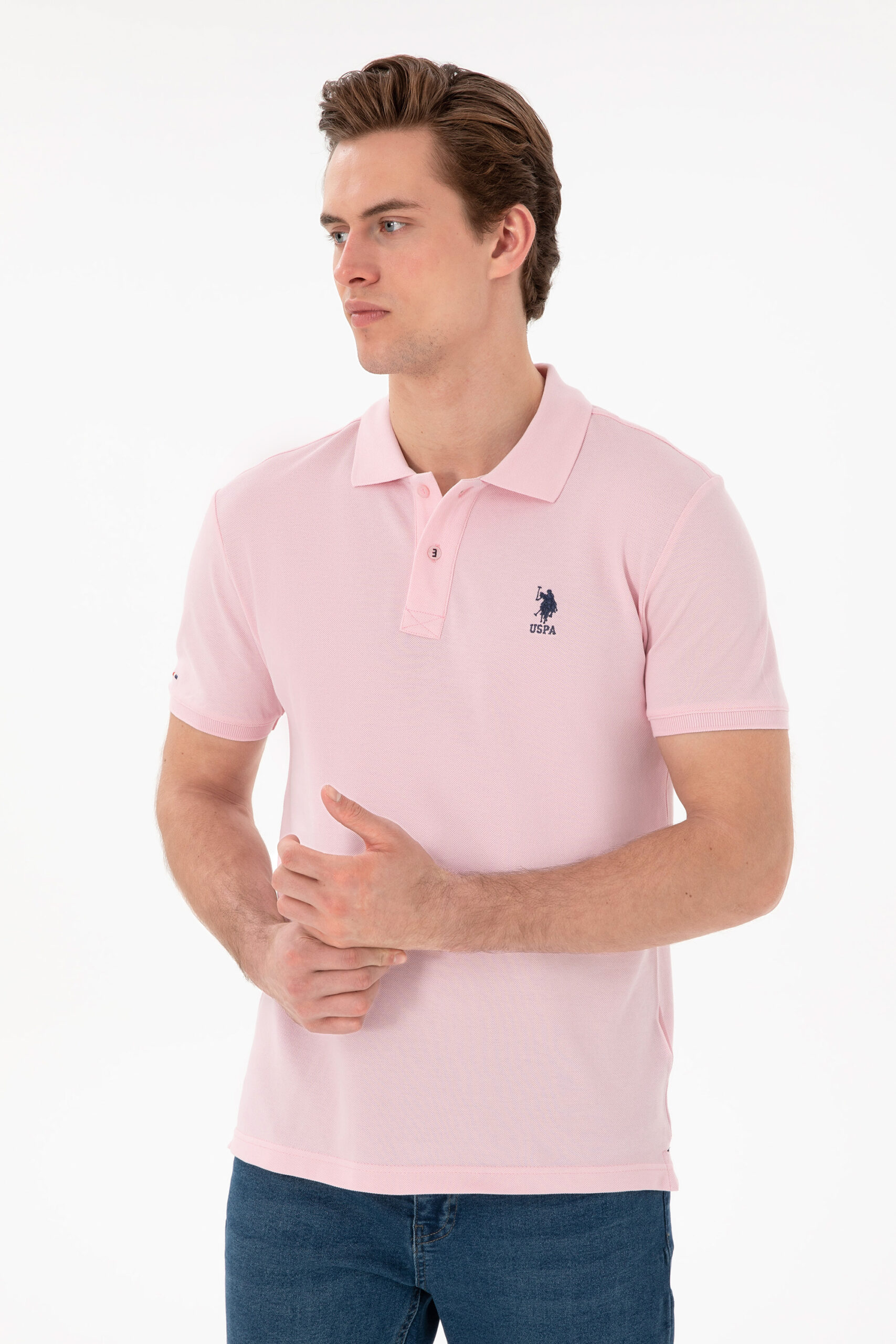 تی شرت یقه پیراهنی صورتی روشن  اندامی آستین کوتاه مردانه یو اس پولو | US POLO ASSN