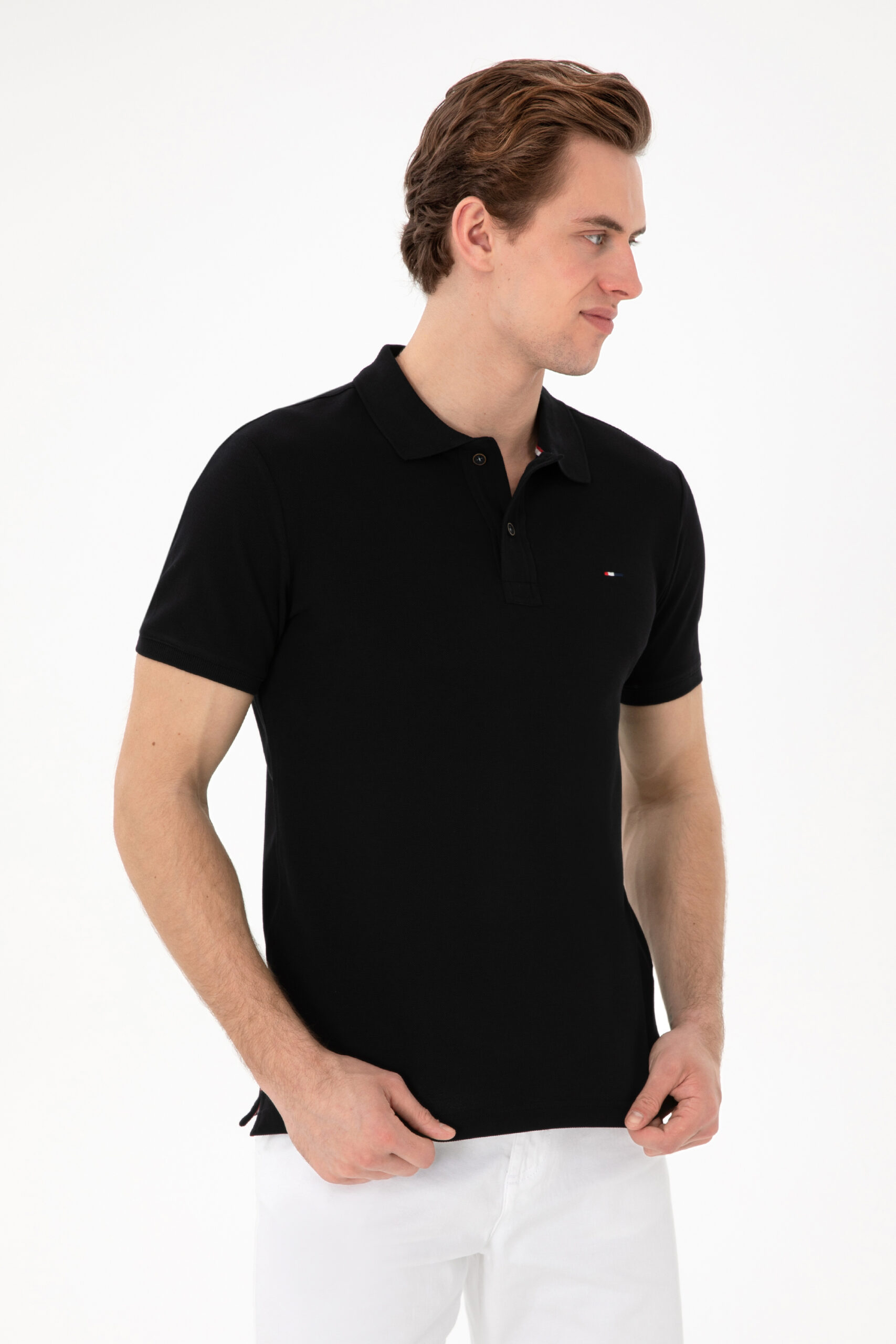 تی شرت یقه پیراهنی سیاه  اندامی آستین کوتاه مردانه یو اس پولو | US POLO ASSN