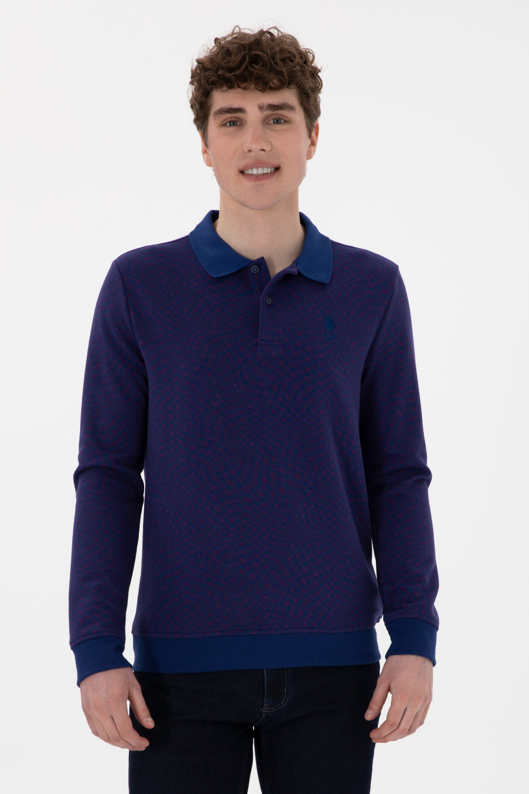 سویشرت یقه پیراهنی نیلی  رگولار آستین بلند مردانه یو اس پولو | US POLO ASSN