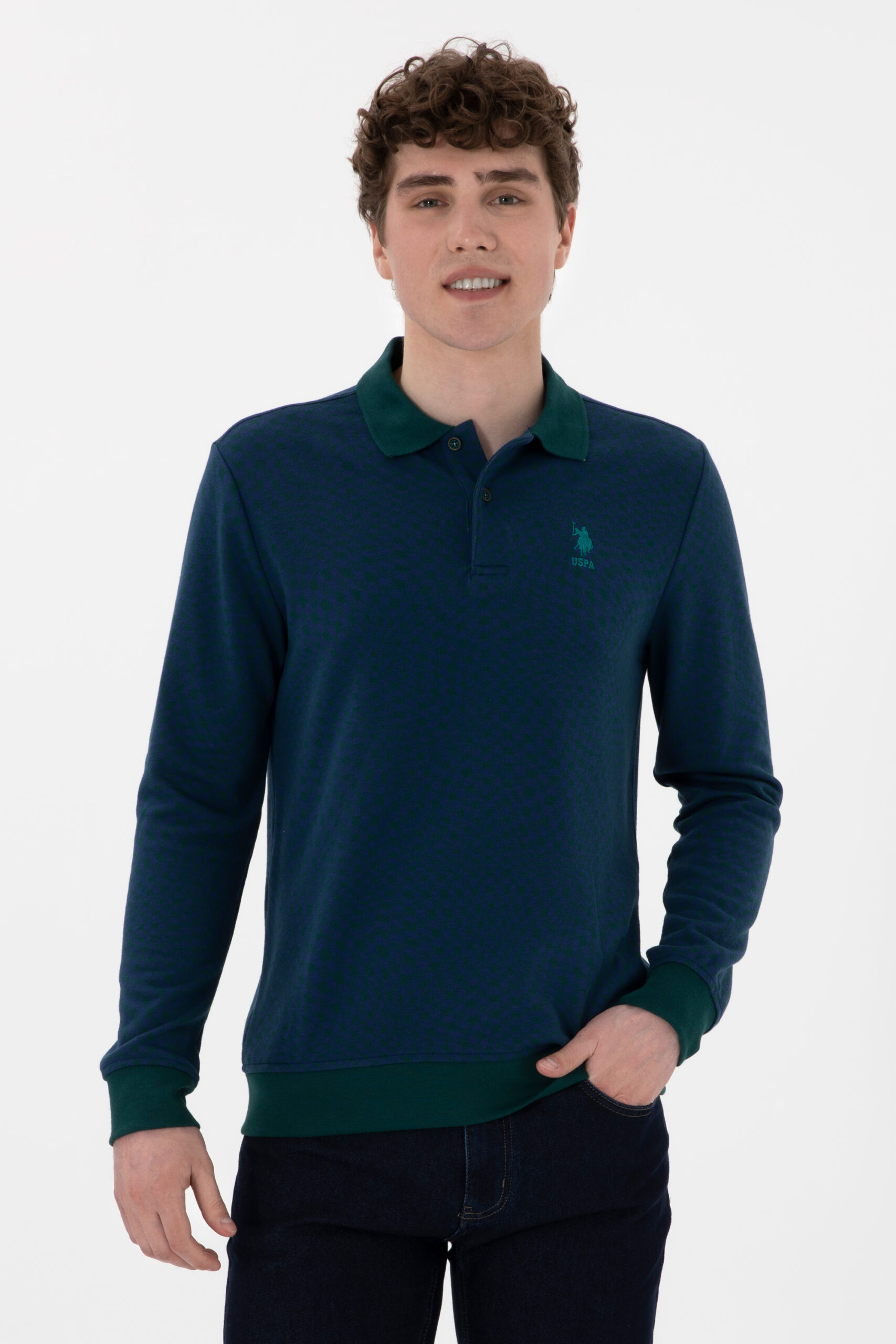 سویشرت یقه پیراهنی سبز تیره  رگولار آستین بلند مردانه یو اس پولو | US POLO ASSN