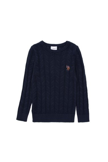 بافت بیسیک یقه گرد لاجورد اندامی آستین بلند پسرانه یو اس پولو | US POLO ASSN