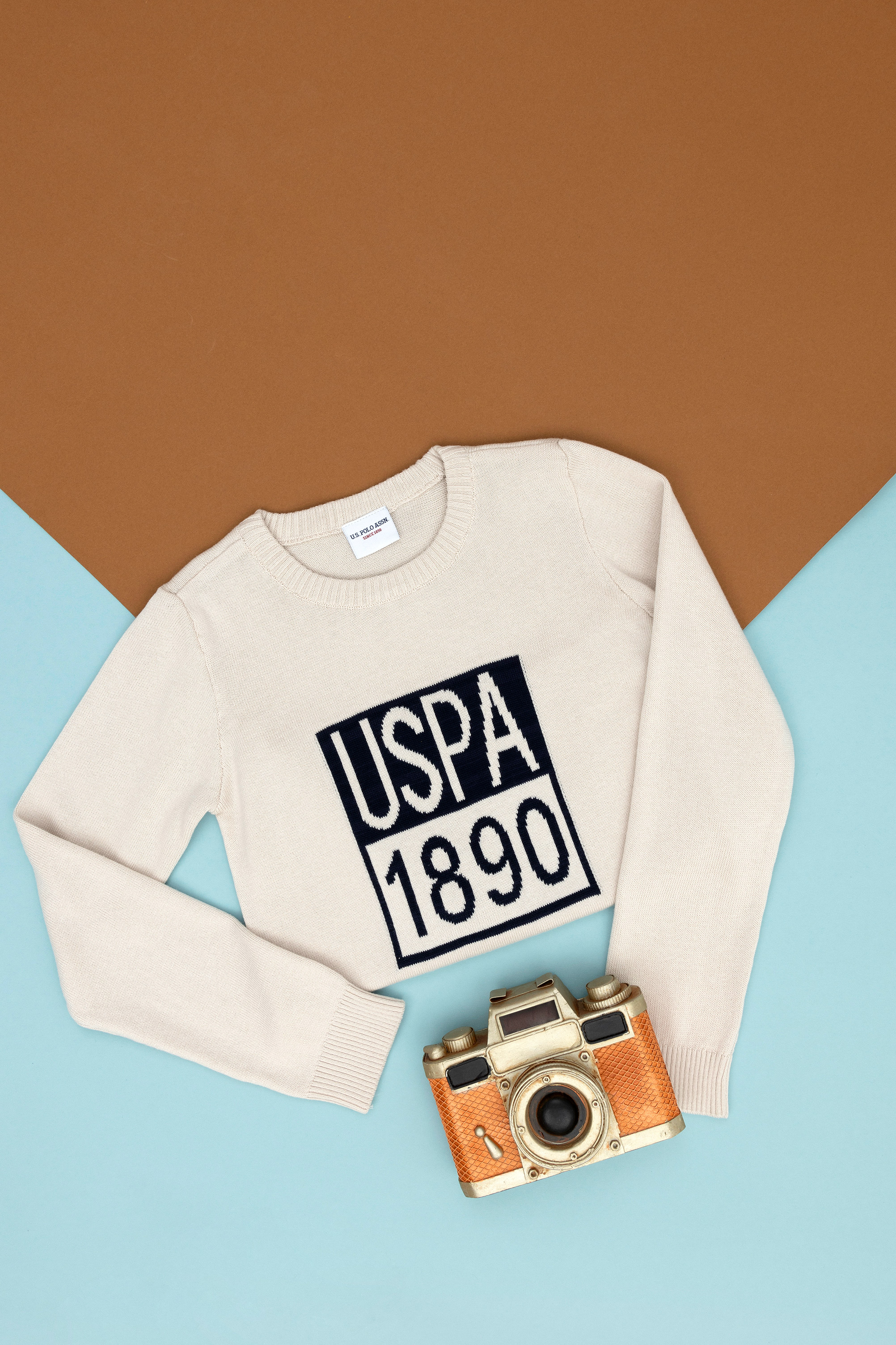 بافت یقه گرد یقه گرد سفید اندامی آستین بلند پسرانه یو اس پولو | US POLO ASSN