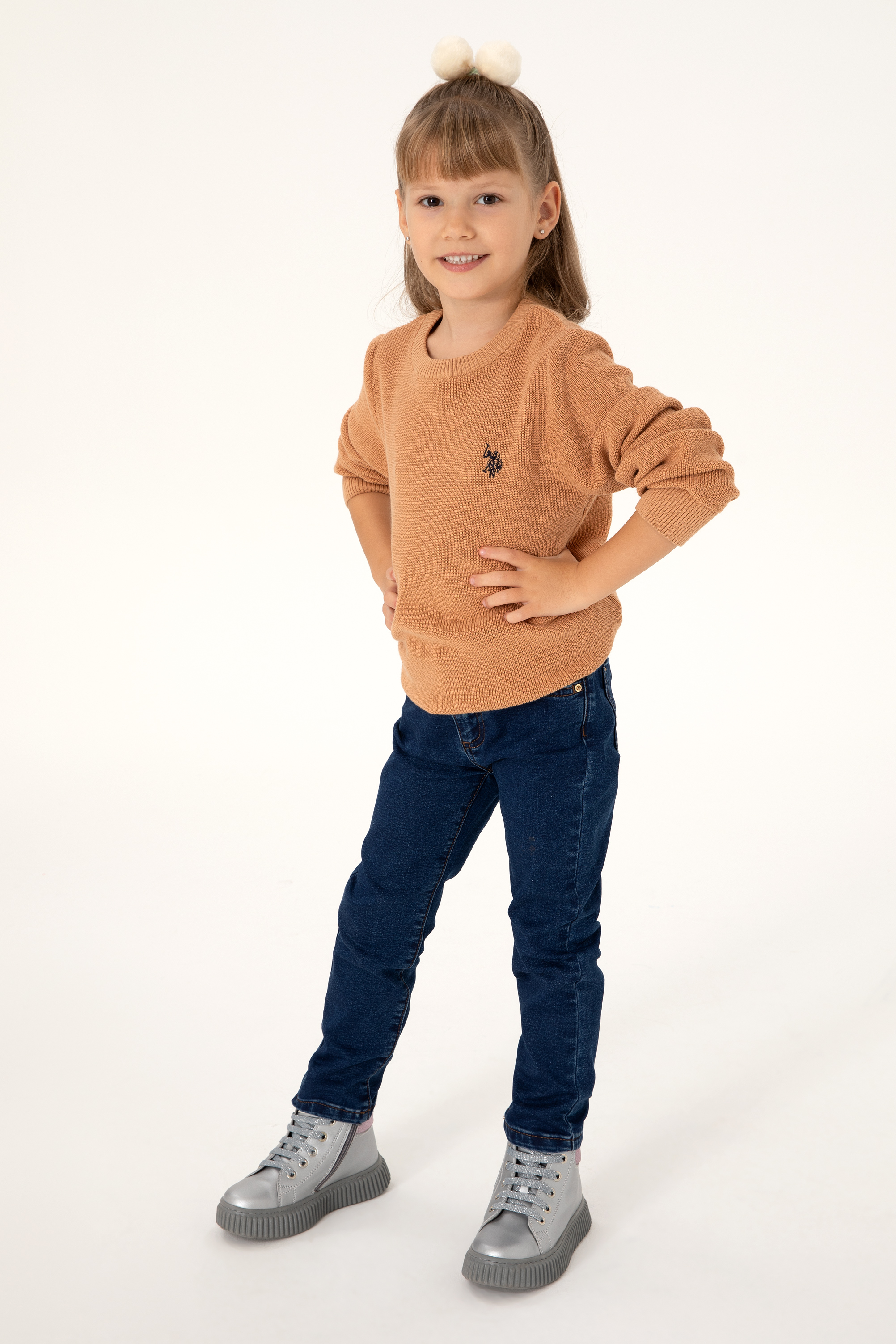 بافت بیسیک یقه گرد شتری رگولار دخترانه یو اس پولو | US POLO ASSN