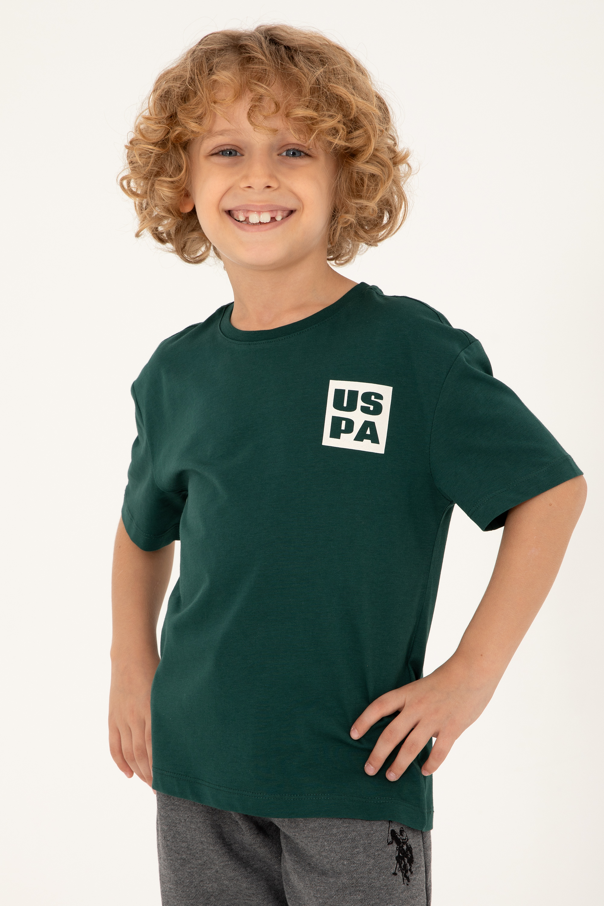 تی شرت یقه گرد سبز تیره ریلکس پسرانه یو اس پولو | US POLO ASSN