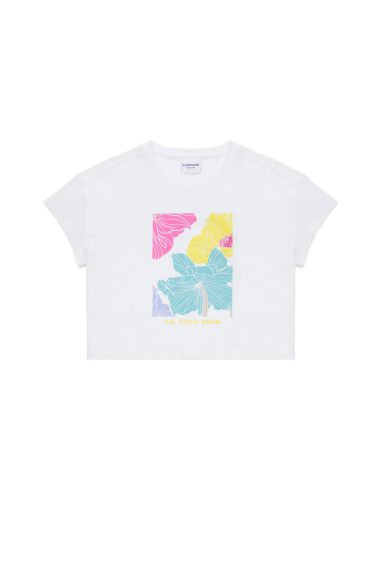 تی شرت یقه گرد یقه گرد سفید  Crop Top آستین کوتاه دخترانه یو اس پولو | US POLO ASSN