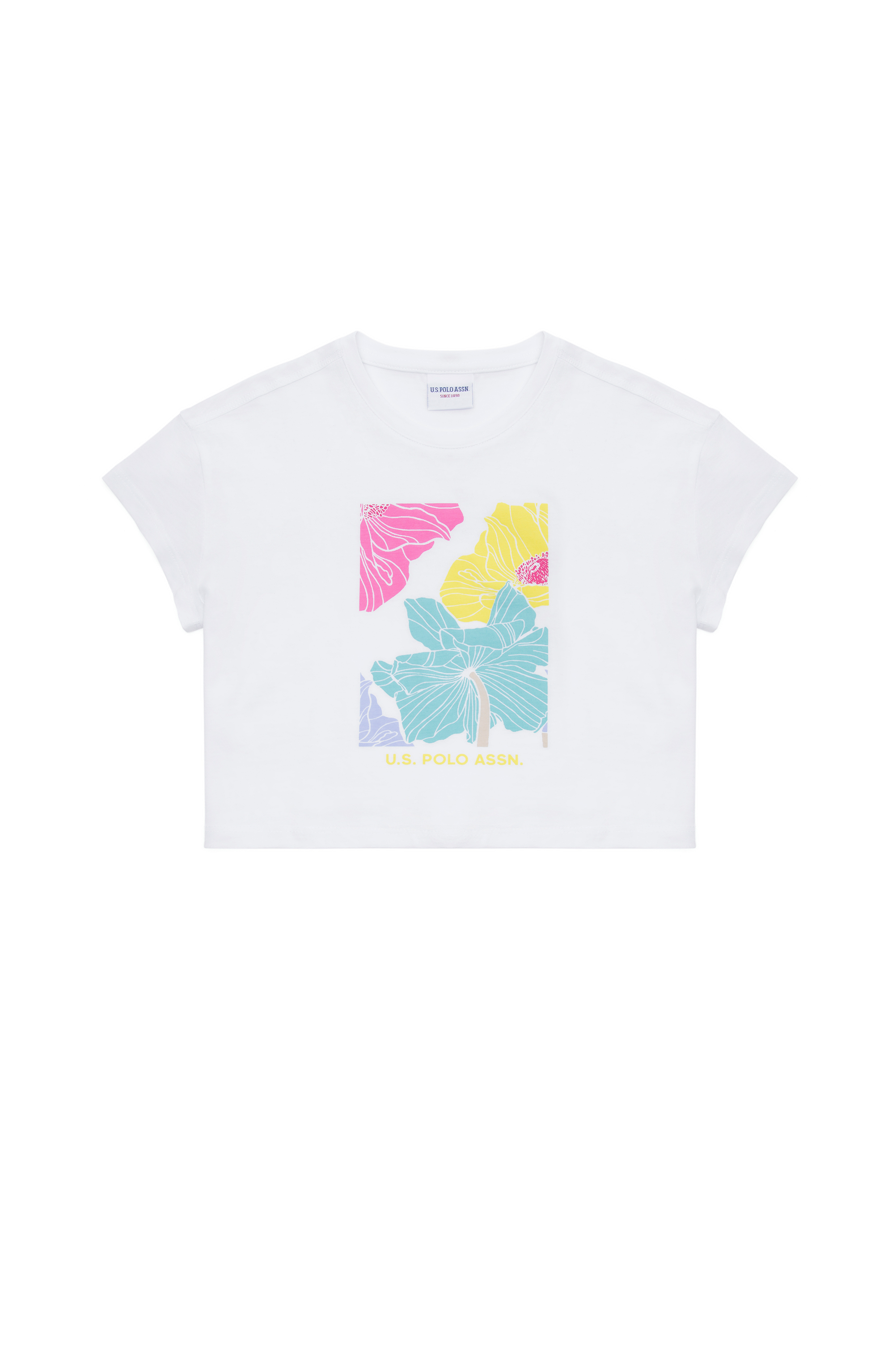 تی شرت یقه گرد یقه گرد سفید Crop Top آستین کوتاه دخترانه یو اس پولو | US POLO ASSN