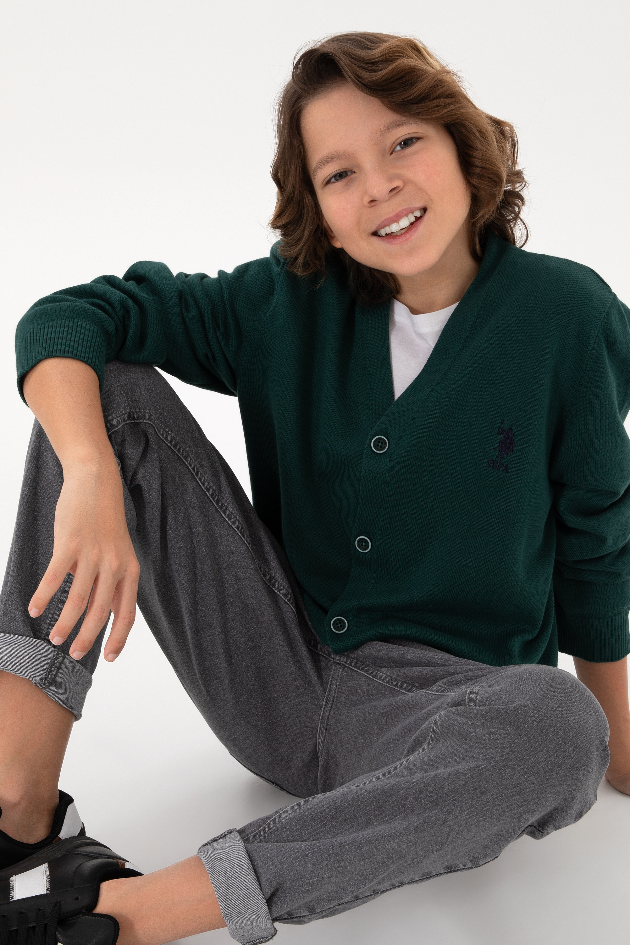 ژاکت تریکو سبز تیره استاندارد فیت پسرانه یو اس پولو | US POLO ASSN