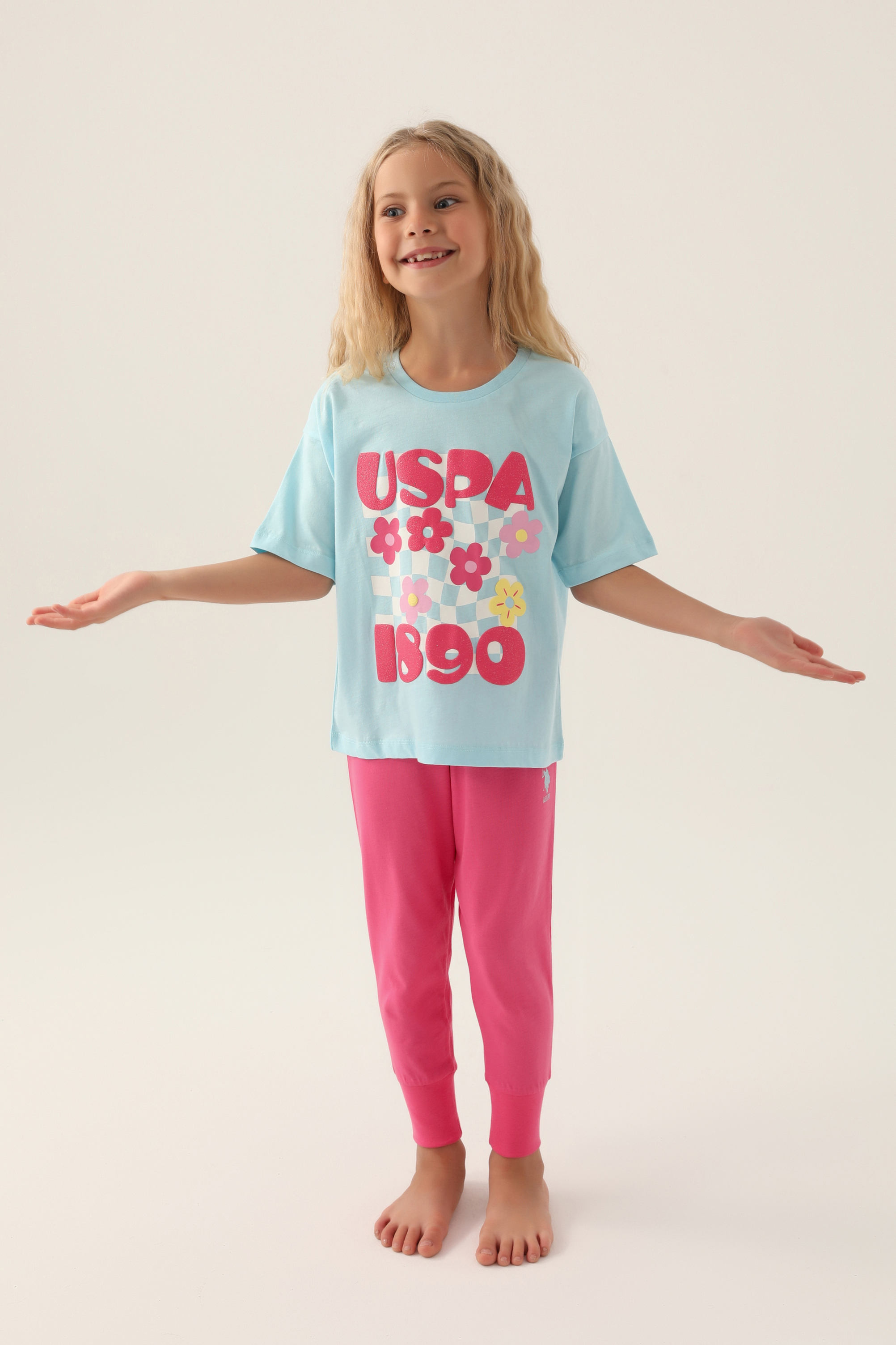 ست تی شرت و شلوارک سورمه ای روشن استاندارد فیت دخترانه یو اس پولو | US POLO ASSN