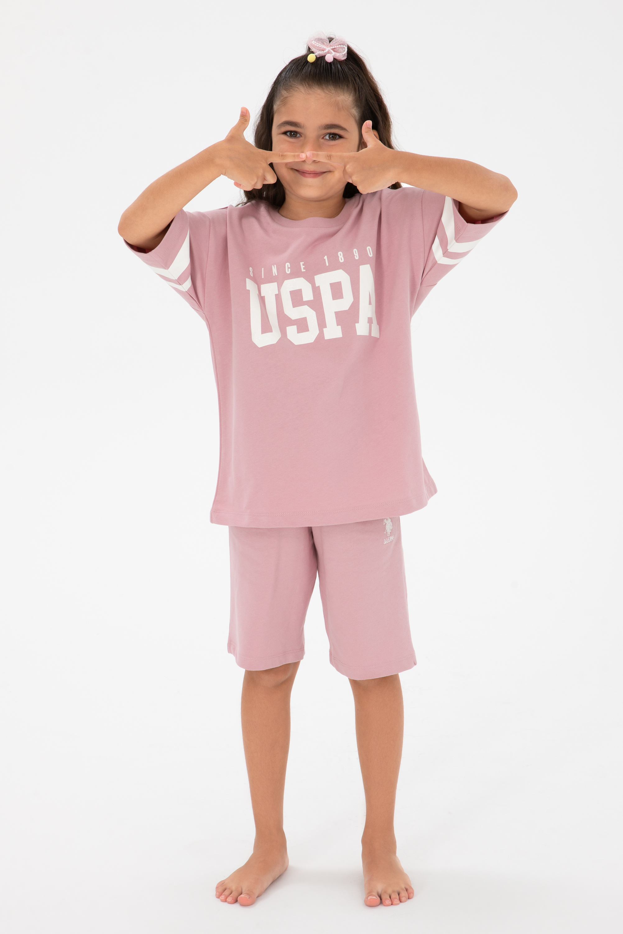 ست تی شرت و شلوارک صورتی استاندارد فیت دخترانه یو اس پولو | US POLO ASSN