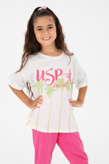 ست تی شرت و شلوارک  سفید  استاندارد فیت  دخترانه یو اس پولو | US POLO ASSN