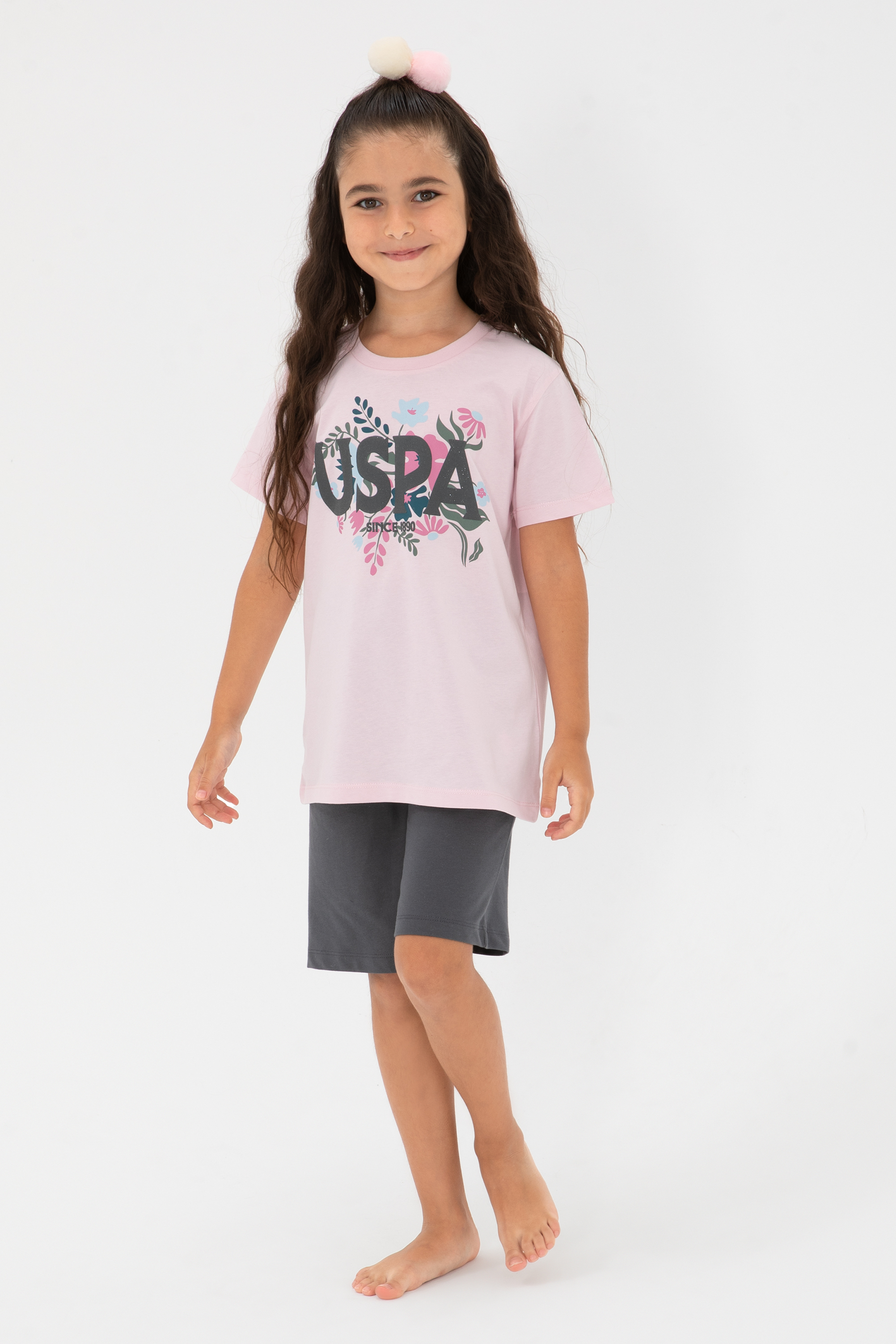 ست تی شرت و شلوارک صورتی استاندارد فیت دخترانه یو اس پولو | US POLO ASSN