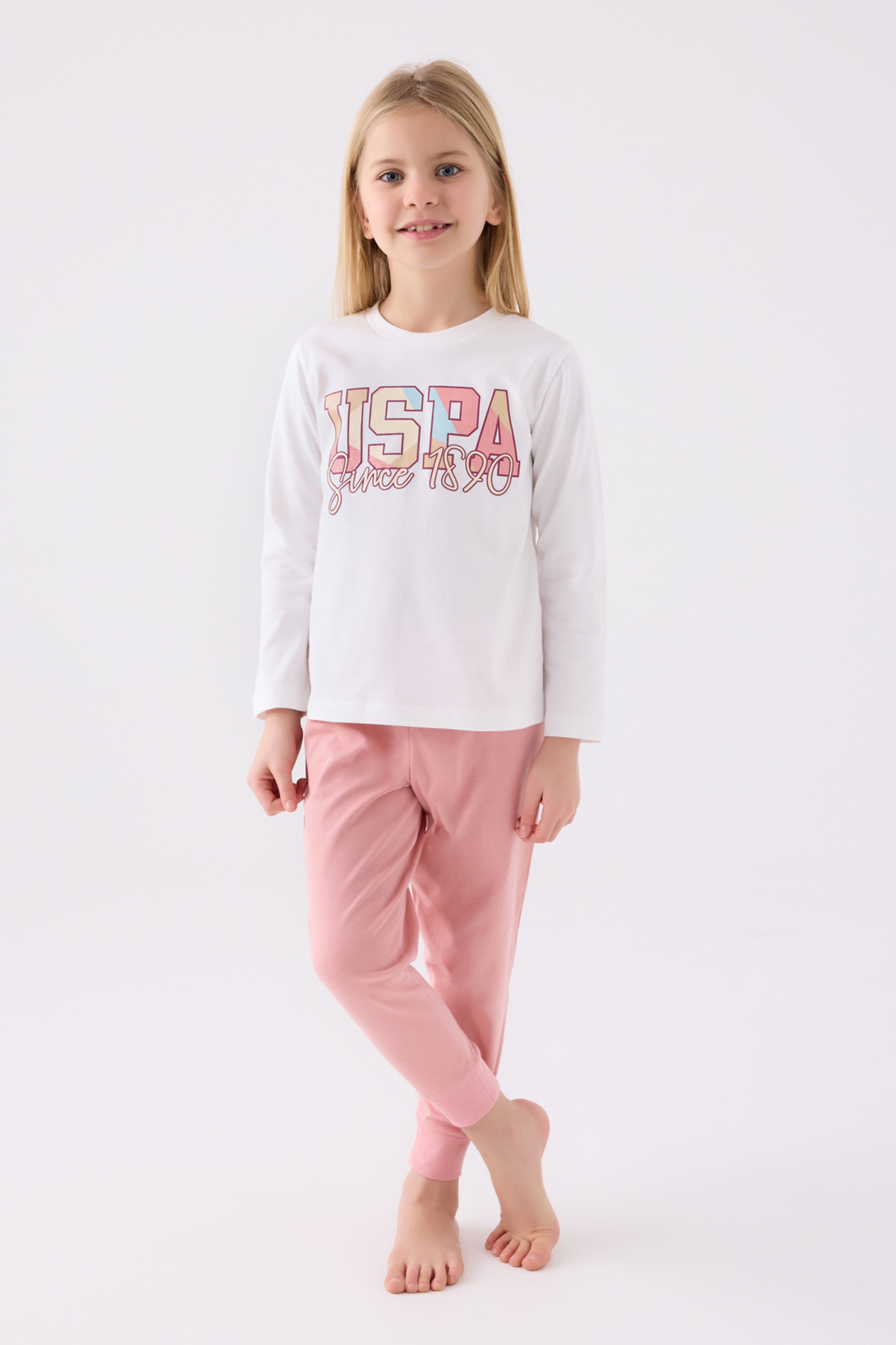 ست تی شرت و شلوارک سفید استاندارد فیت دخترانه یو اس پولو | US POLO ASSN