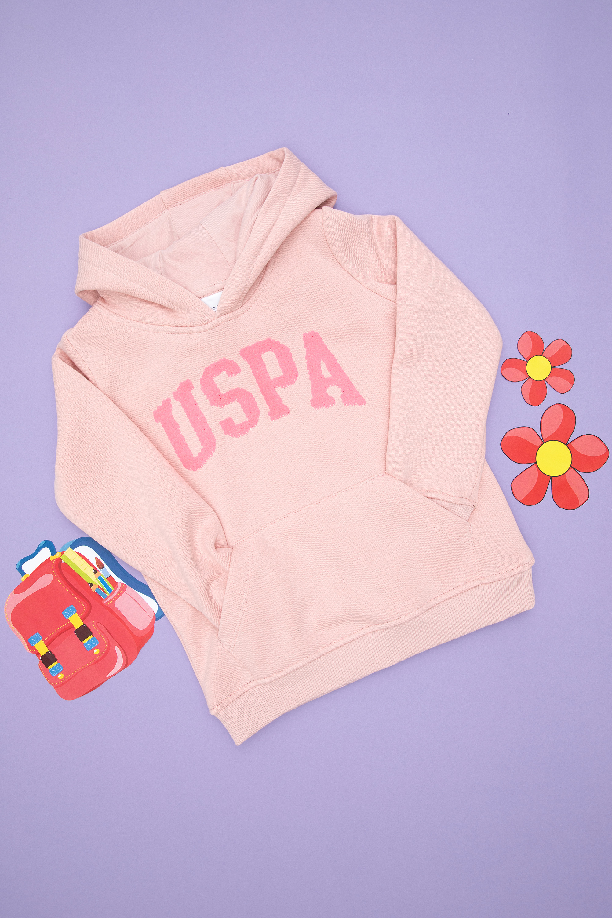سویشرت هودی بیسیک هودی صورتی رگولار آستین بلند دخترانه یو اس پولو | US POLO ASSN
