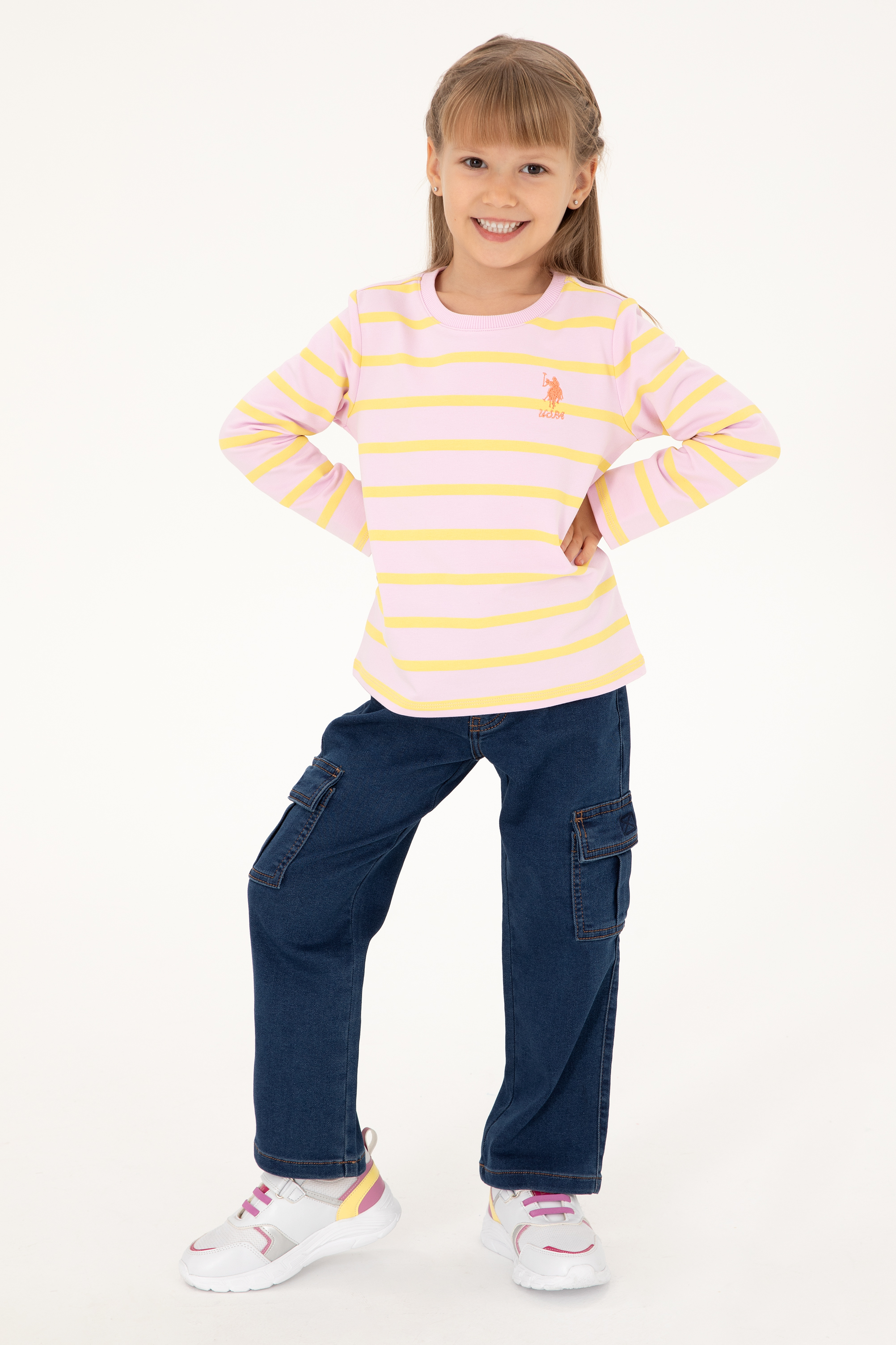 سویشرت یقه گرد صورتی اندامی دخترانه یو اس پولو | US POLO ASSN