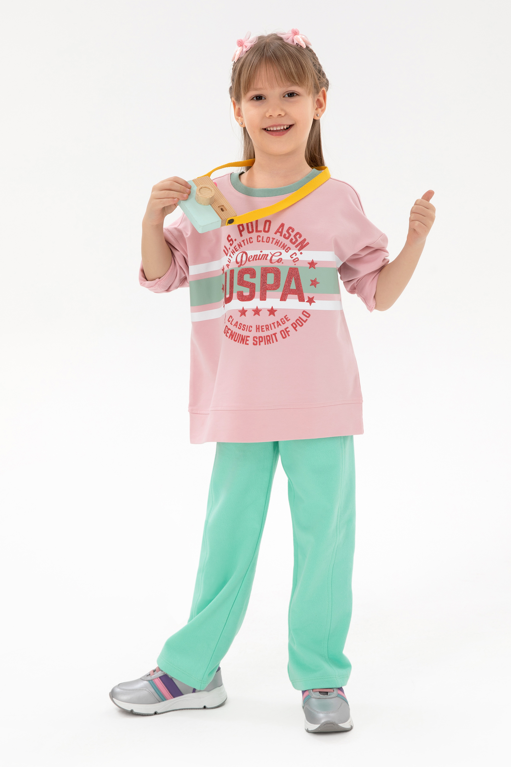 سویشرت یقه گرد صورتی Oversize دخترانه یو اس پولو | US POLO ASSN