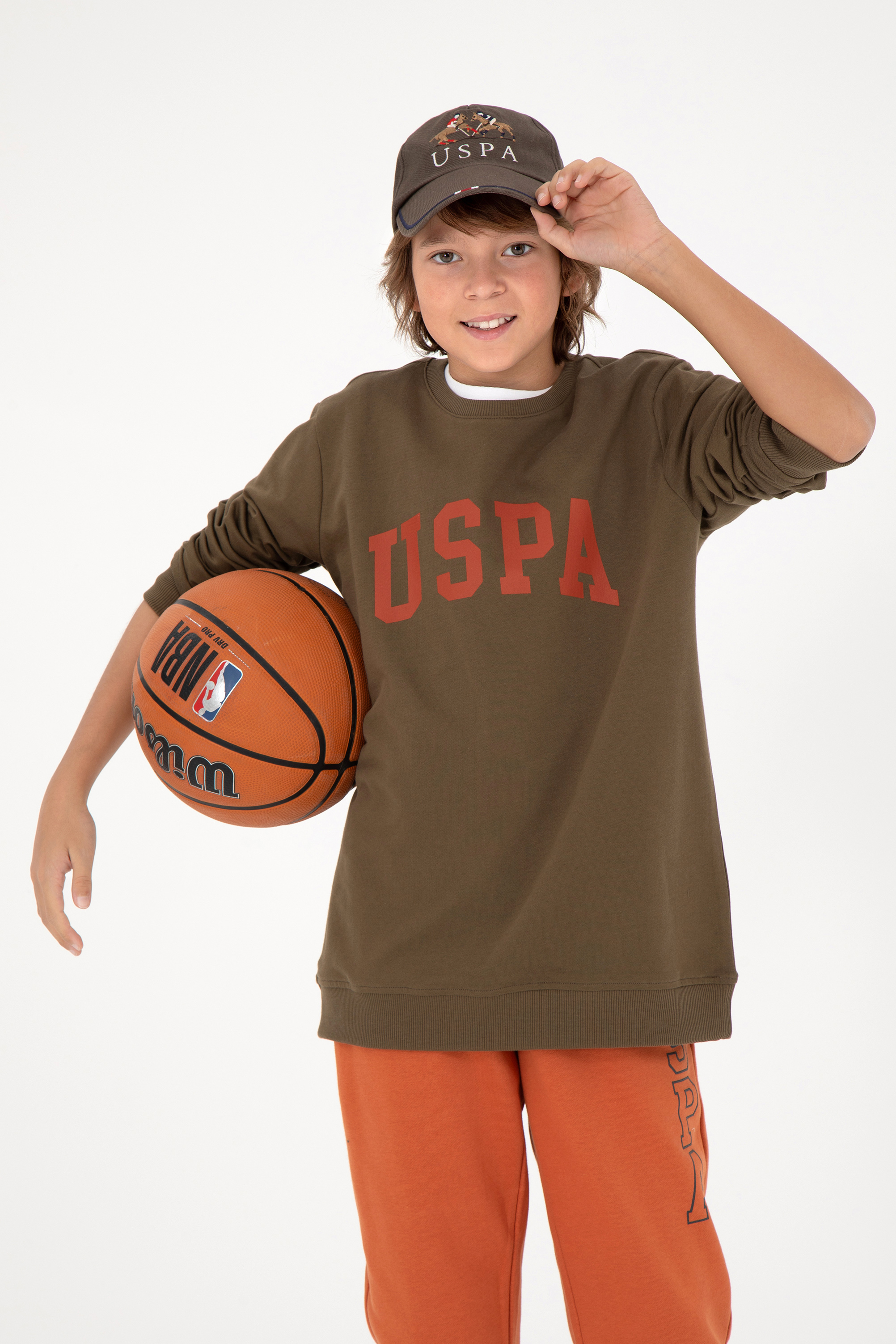 سویشرت یقه گرد بیسیک خاکی رگولار پسرانه یو اس پولو | US POLO ASSN