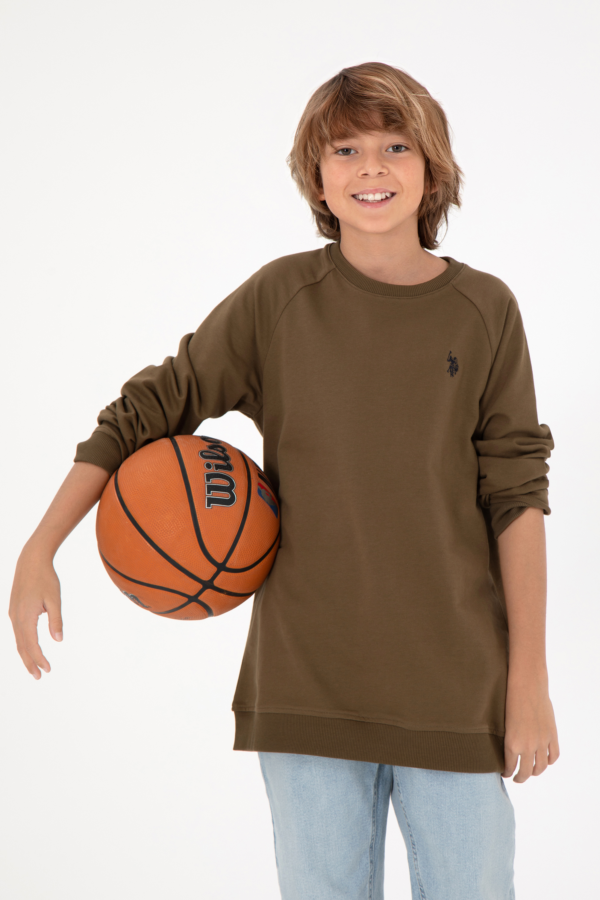 سویشرت یقه گرد بیسیک خاکی رگولار پسرانه یو اس پولو | US POLO ASSN