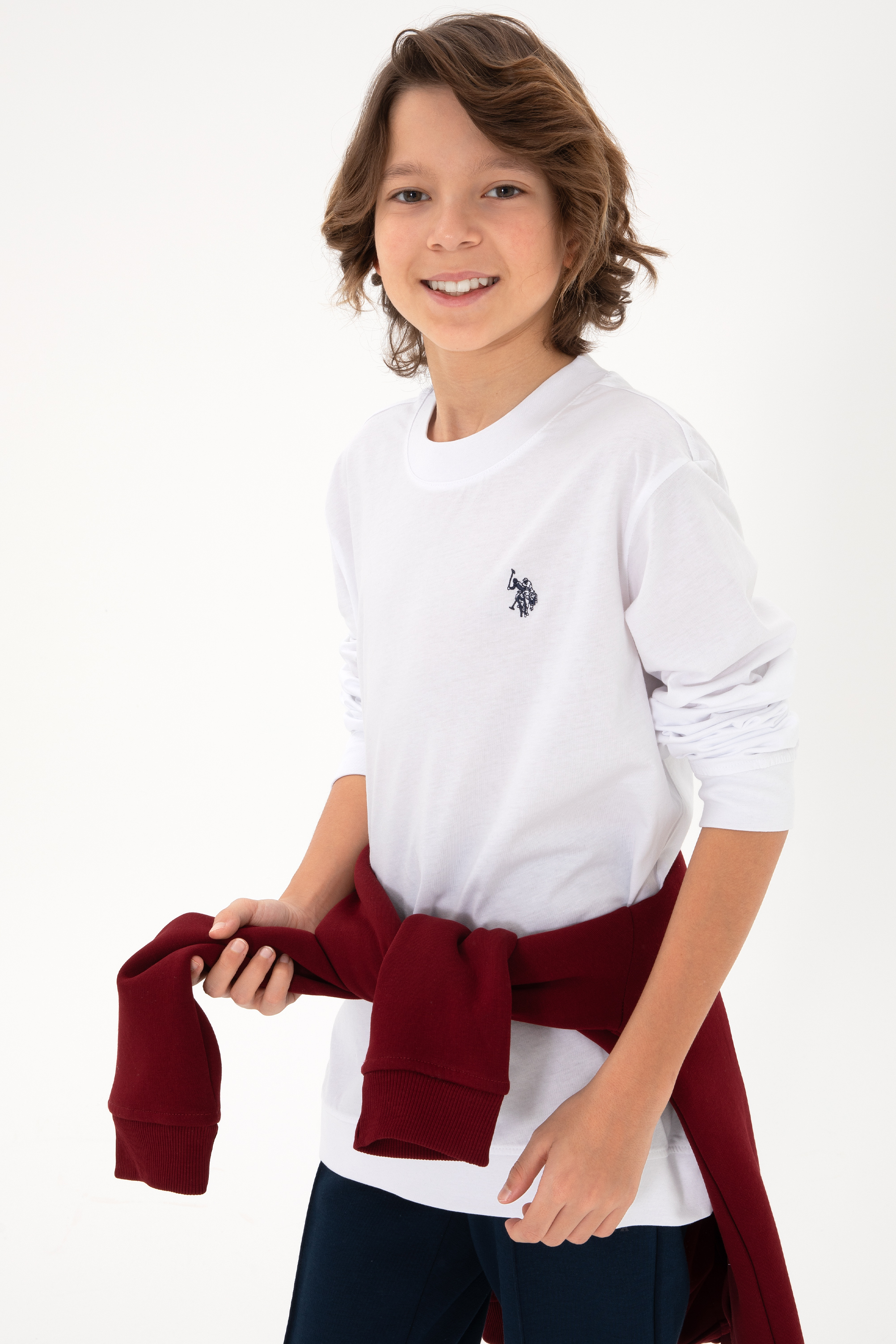 سویشرت یقه گرد بیسیک سفید رگولار پسرانه یو اس پولو | US POLO ASSN