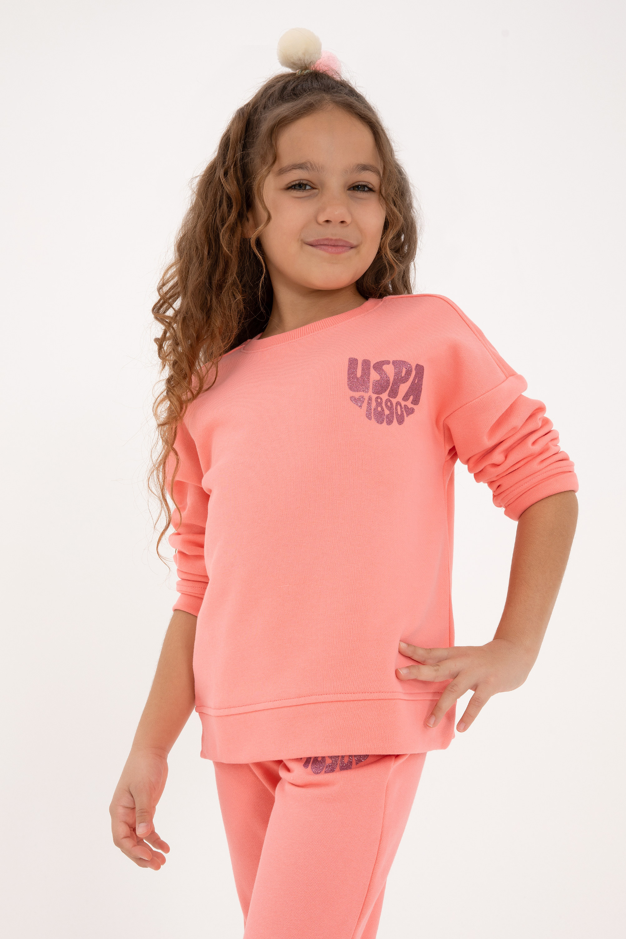 سویشرت یقه گرد بیسیک صورتی رگولار دخترانه یو اس پولو | US POLO ASSN